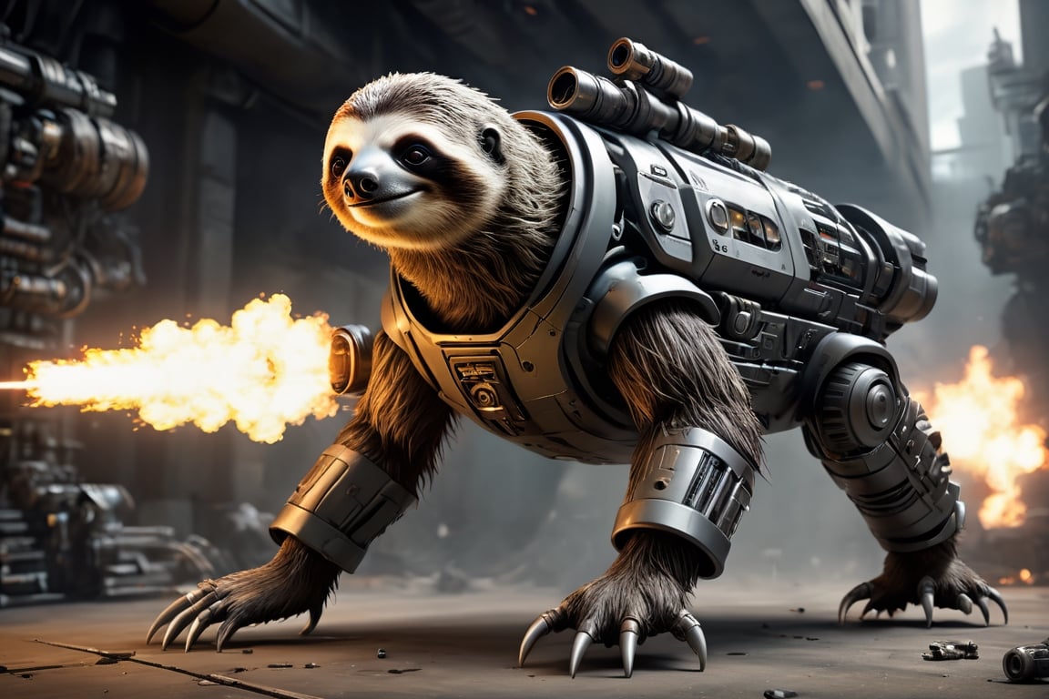 Extreme detailed, ultra Realistic, futuristic, A animal sloth with a high-tech Gatling gun on its back, Solo, 1sloth, large Gatling gun, fire, high-tech cybernetics sloth,((four legs)), ULTRA Real, military, monster, ,mecha,