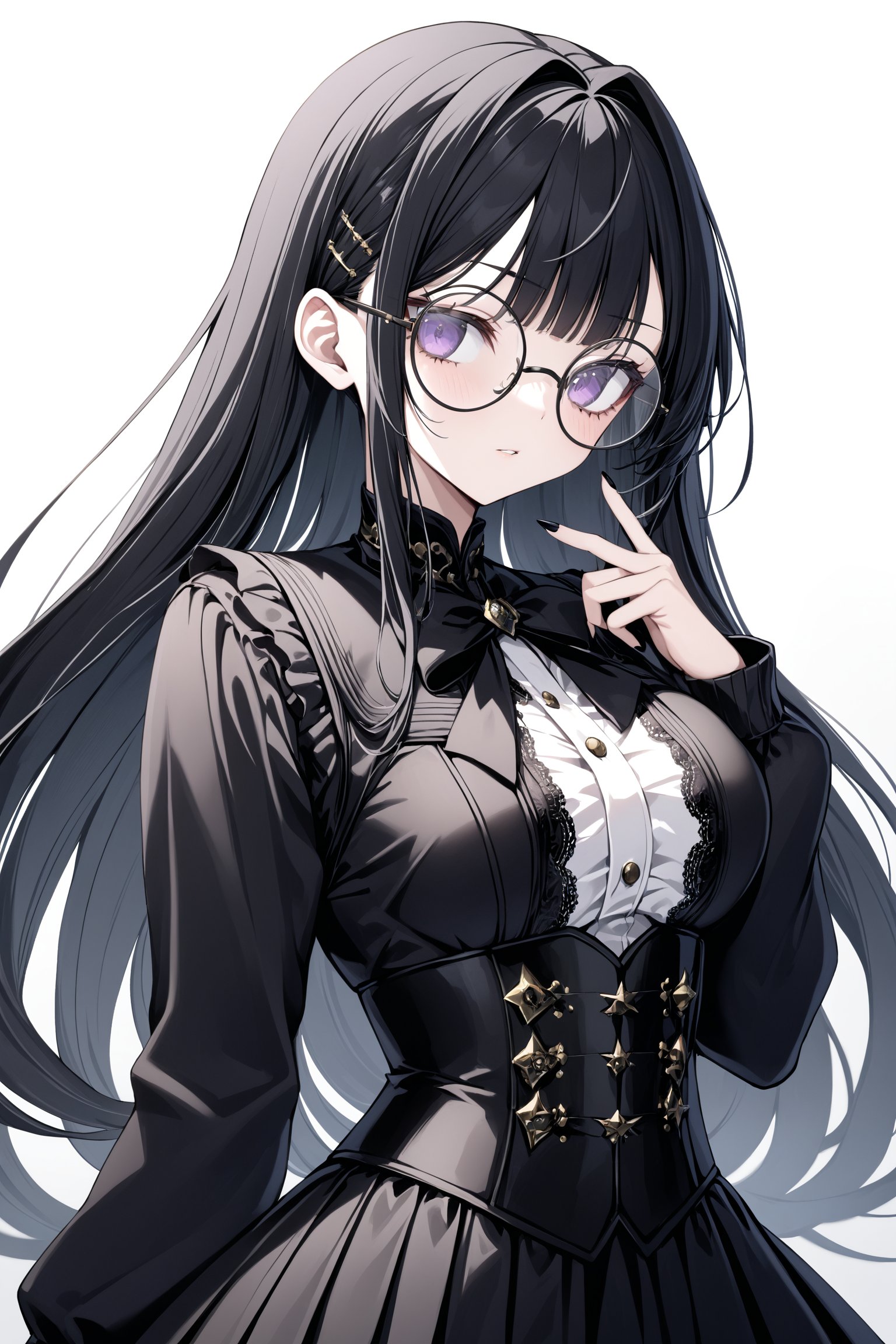 1 girl, black hair, hime cut,blunt bangs,(hair intakes),
 ((wearing large round glasses)), and a Gothic-style sailor uniform,The uniform features dark colors, lace accents, and a corset-like bodice, blending traditional and alternative fashion elements. Her look is both elegant and edgy,akebi komichi,anime