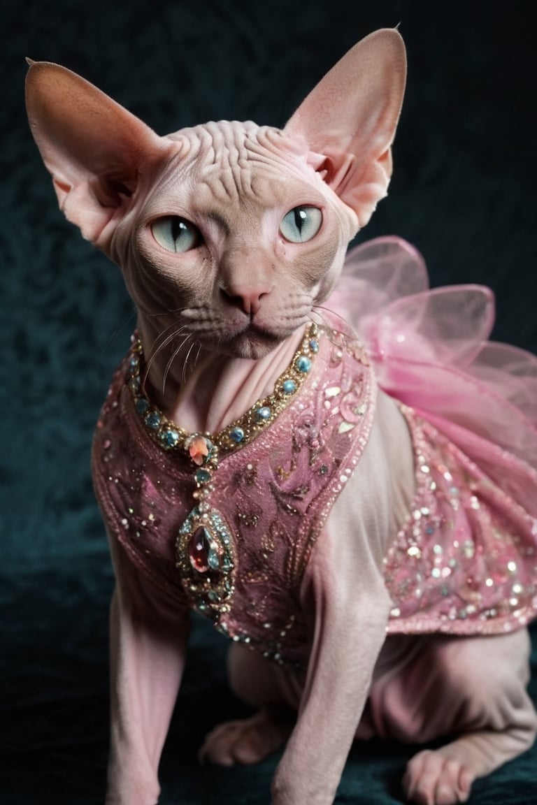 Portrait of a cute pink Sphynx cat, the cat is wearing a luxurious jeweled dress, on a velvet rug,bustle dress