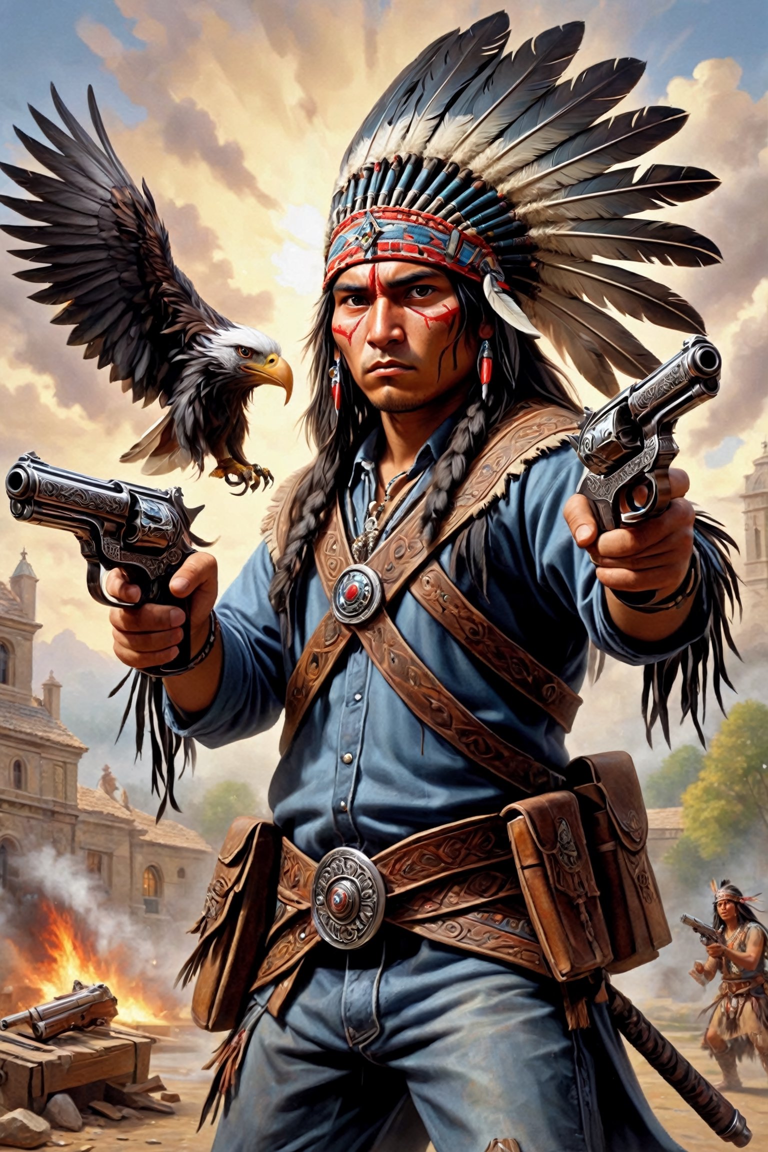 Hard-boiled atmosphere, oil art,1man, young Native American warrior,A sharp gaze full of anger, traditional Native American costume, war bonnet, eagle feather,Dual pistol in each hand,strikes a dynamic Akimbo pose,Dual_wield,Oil painting of Mona Lisa ,abmhandsomeguy,dual pistols