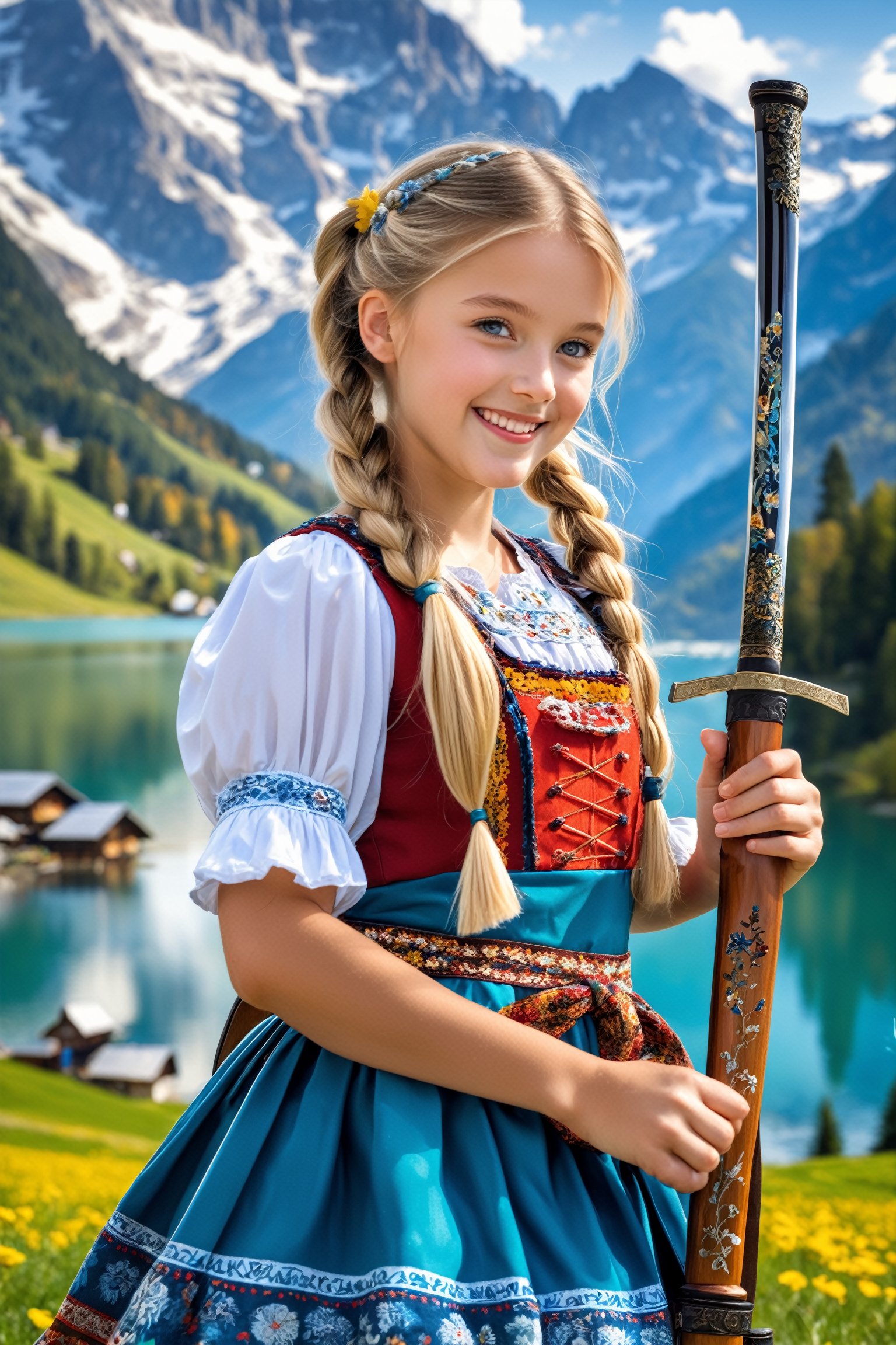  photorealistic, bokeh,
beautiful scene set against the majestic backdrop of the Alps, A young girl,long blonde pigtails, dressed in a traditional dirndl, stands smiling brightly,Her dirndl is adorned with intricate patterns and vibrant colors, reflecting the traditional Bavarian style,(holding a KATANA in hands), which contrasts sharply with her cheerful demeanor and the serene, picturesque mountain landscape.,y0sem1te,hubggirl,yva11ey1,photo r3al,holding gun,HG_1,gunatyou,DonMM1y4XL
