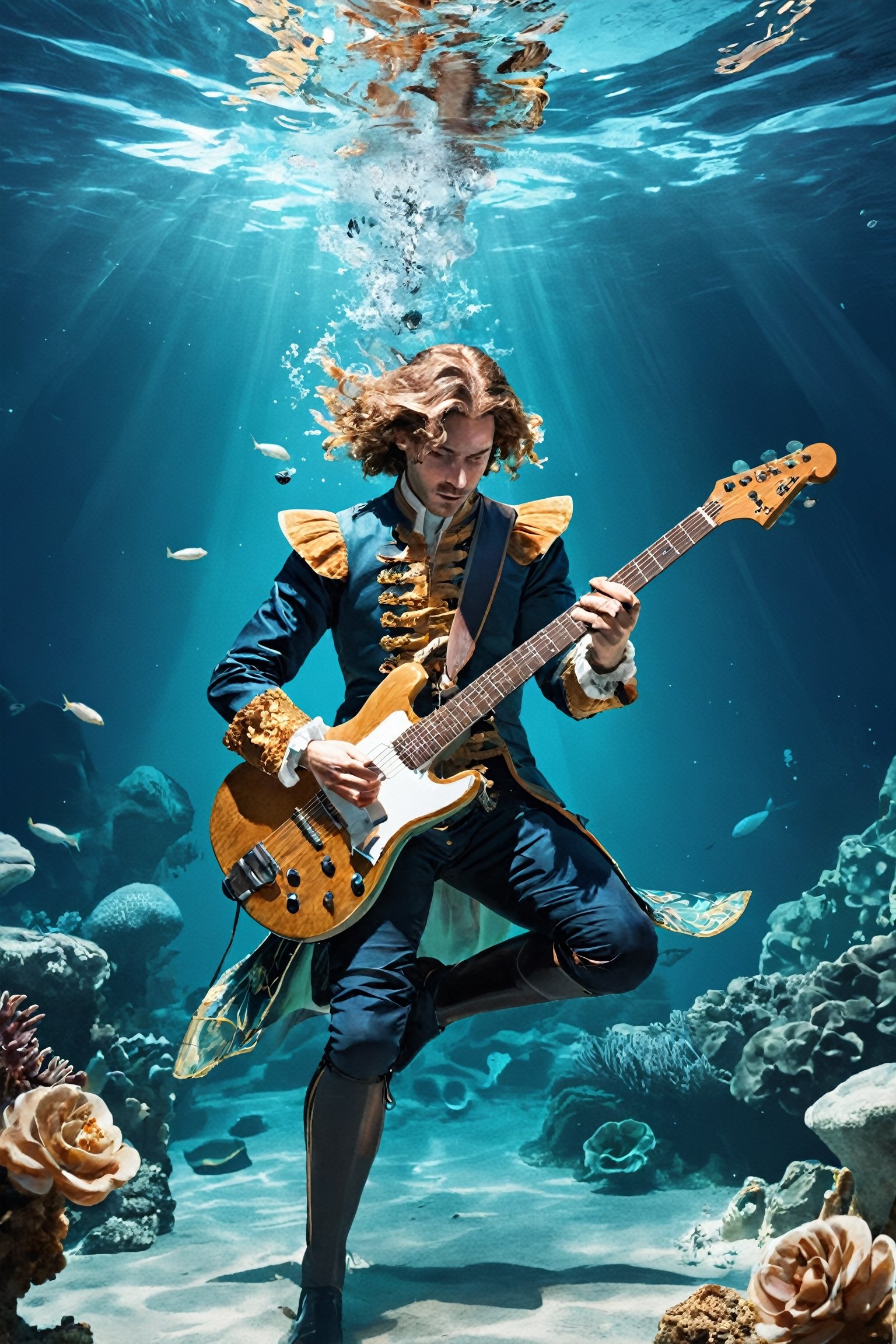 white man playing an electric guitar passionately at the bottom of the sea, dressed in Renaissance-era noble fashion. Envision the musician submerged in an ethereal aquatic scene, with his Renaissance-inspired attire flowing in the water as he rocks out on the electric guitar. Optimize for a visually striking composition that seamlessly blends the classical elegance of Renaissance fashion with the vibrant energy of underwater rock performance through StyleGAN.",ANIME