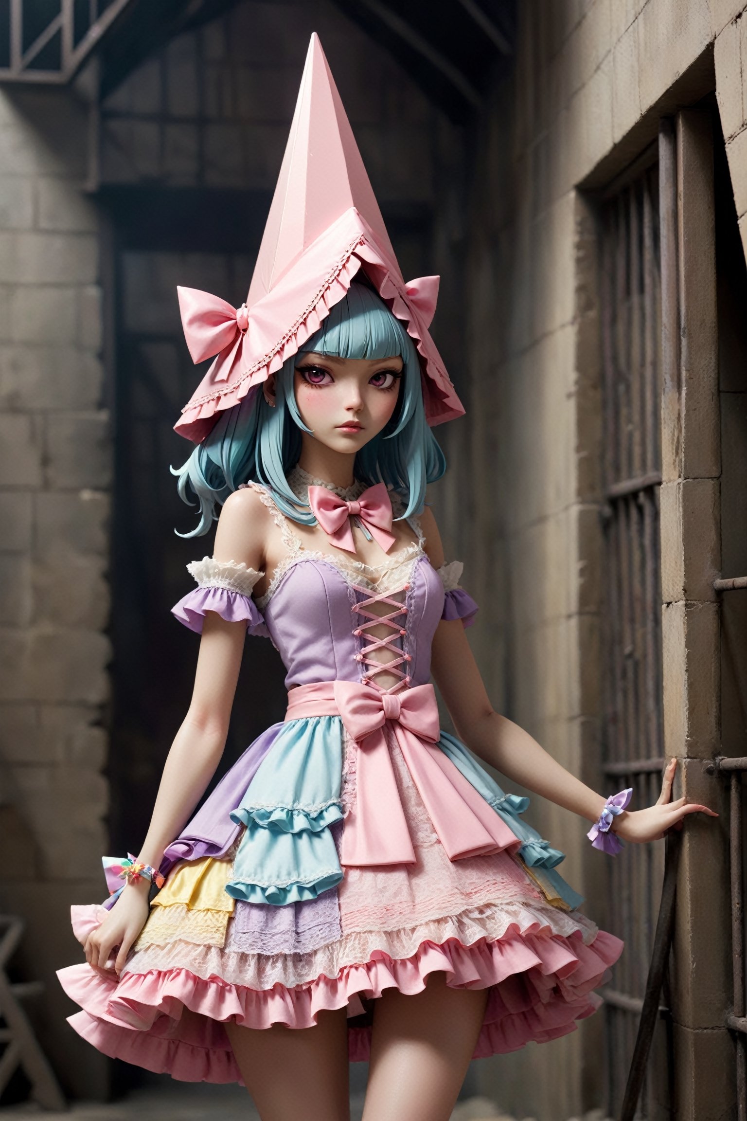 PYRAMID HEAD,An enigmatic humanoid figure,a pyramid-shaped head dons a whimsical and girly fancy fashion ensemble. Adorned in vibrant pastel hues, the outfit features a playful mix of frills, bows, and lace, creating a charming contrast with the unconventional pyramid head. The clothing exudes a sense of fantasy, Prison Background,Prison