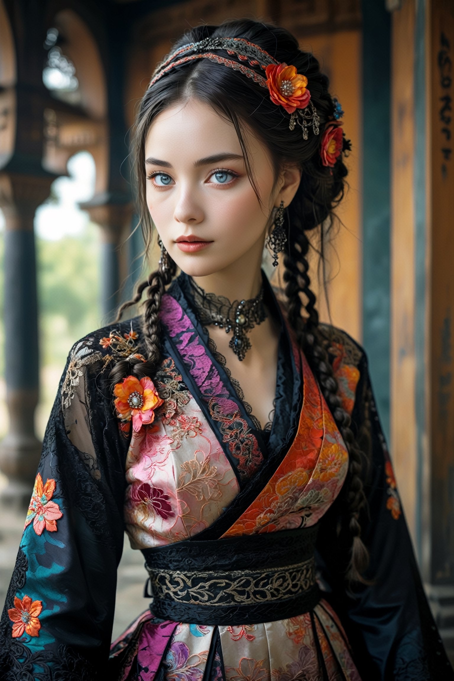  (beautiful French woman), beautiful Eyes,in a Central Asian wedding outfit, reimagined in Japanese Gothic style,Her colorful dress features intricate embroidery with Gothic lace and black accents, Kimono-style sleeves and an obi belt add a Japanese touch. She accessorizes with dark gemstone jewelry and a lace veil, her hair styled with braids and colorful ribbons, This fusion of Eastern European, Central Asian, and Japanese Gothic elements creates a unique and sophisticated look.,bustle dress,mad-marbled-paper,PIXAR,azlnfrmdbl