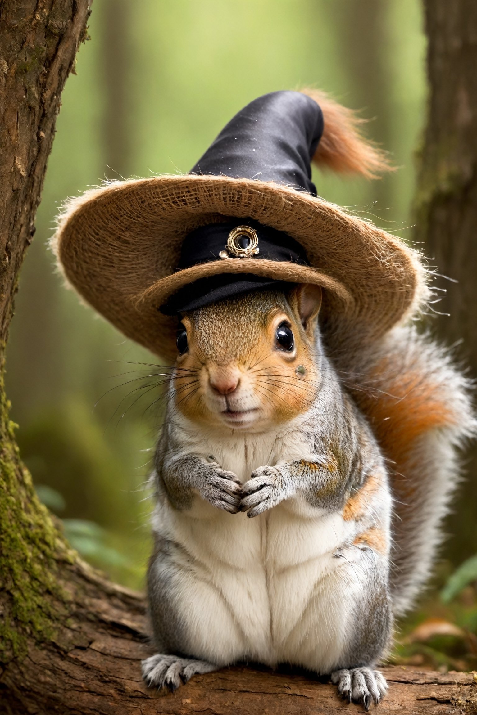 From beneath the brim of the witch's hat, a cute wild squirrel peeks out, its tiny face framed by the hat's enchanting adornments. With bright, curious eyes and twitching whiskers, it adds a whimsical touch to the mystical scene, embodying the playful spirit of nature amidst the magic of the witch's hat.,a1sw-InkyCapWitch