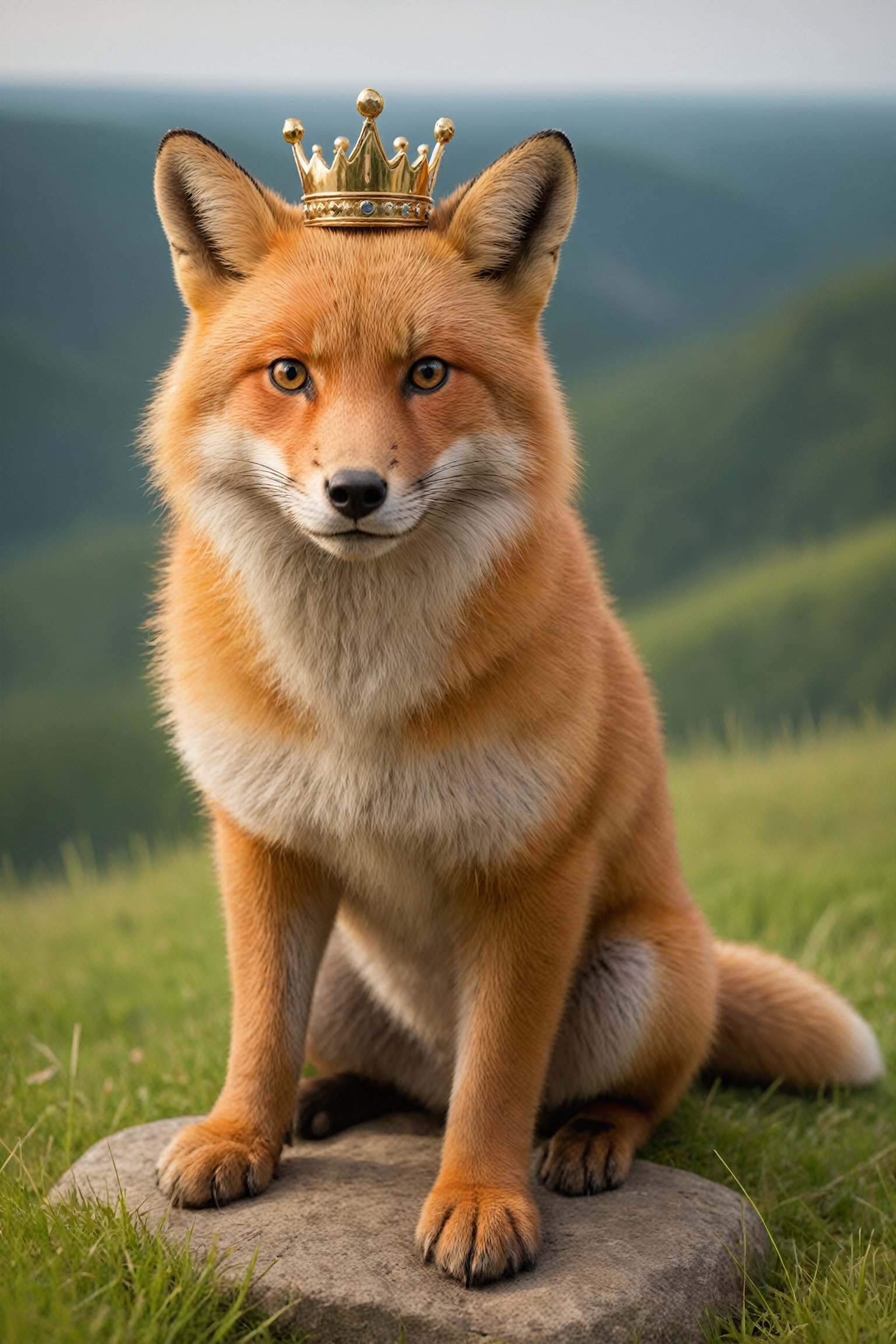 ultra Realistic,fox,On a grassy plain, a majestic fox sits atop a rocky outcrop, exuding regal grace, The fox king of the prairie, ((small crown:1.5)),(wears a small crown upon its head:1.5), symbolizing its royal status. Its fur is a blend of earthy tones, blending seamlessly with the natural landscape. With piercing eyes that seem to hold ancient wisdom,Animal Verse Ultrarealistic 