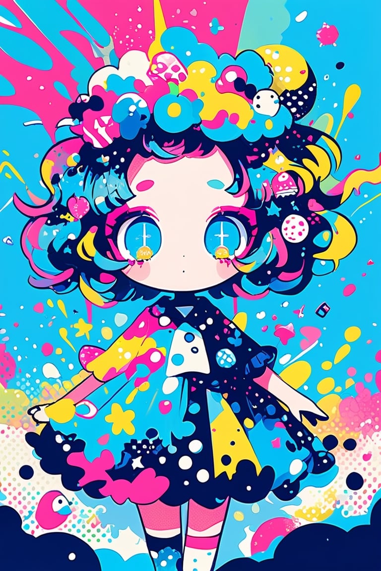 children's doodle style,
Colorful pop art, candy pop, lollipop punk, brightly colored berry beans, emo pink lolita girl,big Eyes,A dress made of jelly and ice cream,
 maximalism designemo,dal-6 style,Color Splash