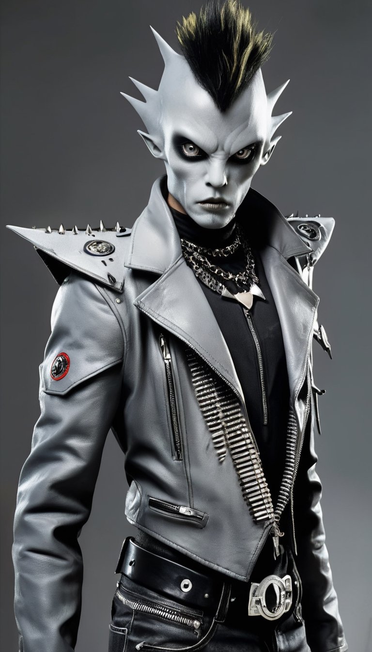 ((Grey Alien:1.5)), is dressed in punk rock fashion, showing off his rebellious, edgy style. The outfit features torn black jeans adorned with safety pins and patches, and a studded leather jacket adds a touch of attitude. Around his neck, a choker necklace with spikes adorned his neck. Alien eyes sparkling with bold eyeliner and metallic eye shadow add to the punk rock appeal. They embody the rebellious spirit of punk culture. Real,Realistic,Alien,Futuristic Alien