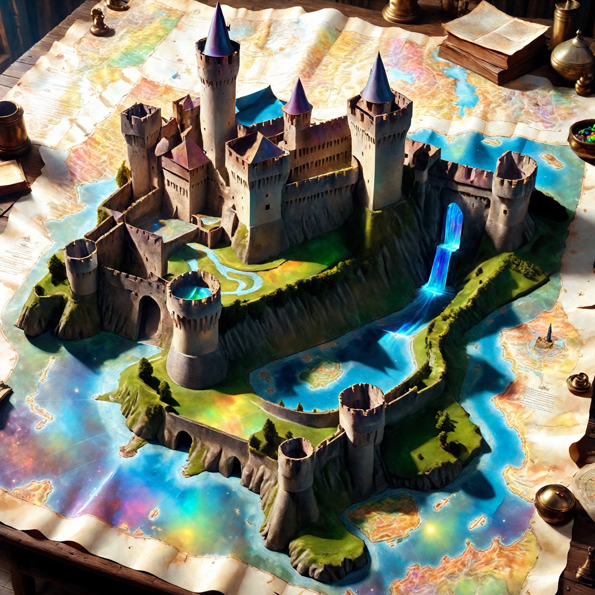 Magic Parchment,Top view of holographic magic map (3-D), Fénis Castle, Italy, three-dimensional depiction, emerging from a magic map, majestic fortifications, towering ramparts, double battlements, towers, intricate architecture, courtyard in the center of the keep, enchanting views of the Italian countryside, the map is lifted from paper It appears to float and sit on a wizard's desk. magic multicolor ink, high quality, imagination, 8K, fantasy art, vivid magical colors, style painting magic, map, itacstl