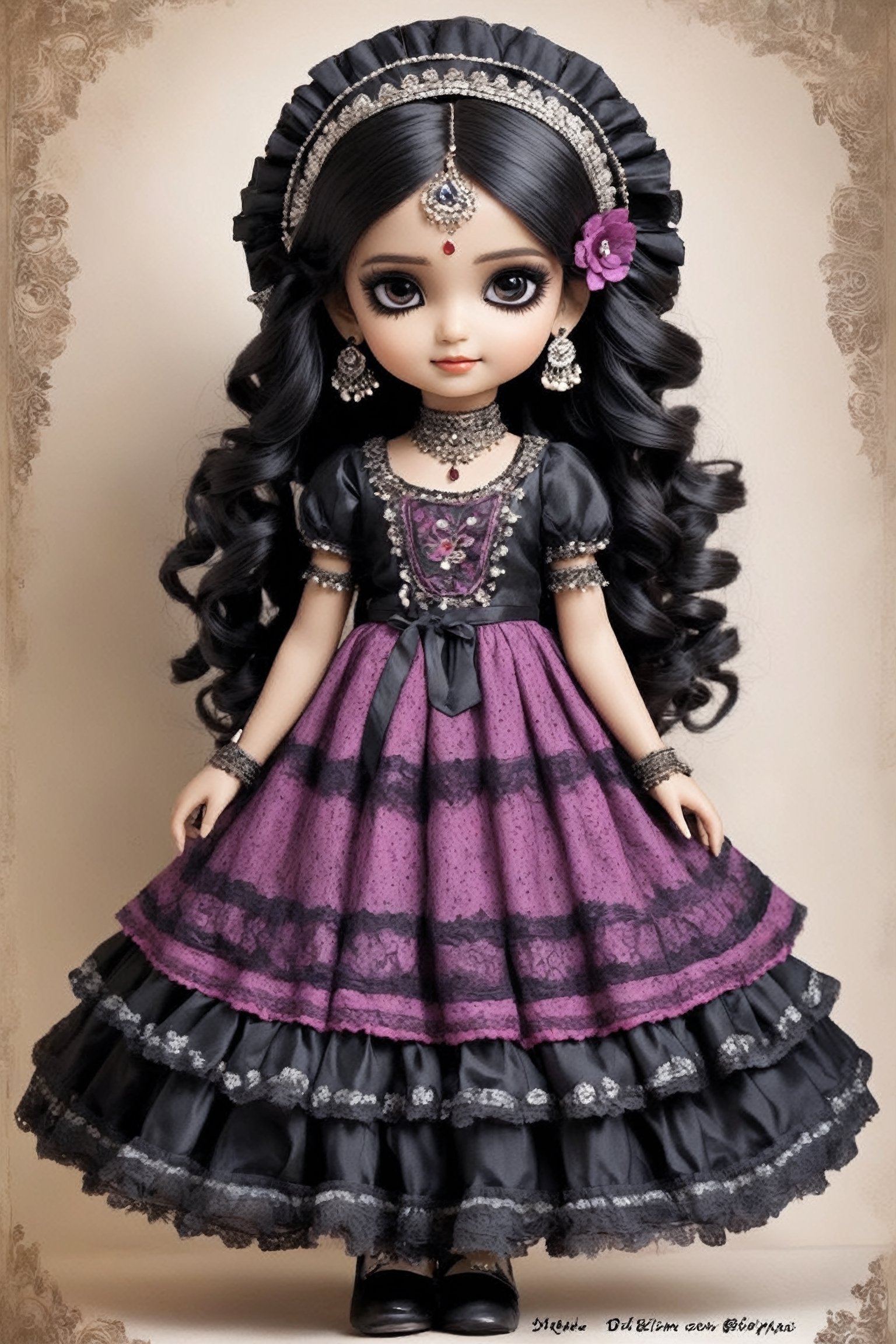 1 Little girl, Gothic Lolita-inspired Indian ethnic attire, combines the elegance of Victorian fashion with the vibrancy of Indian culture, Featuring a frilly skirt, fitted bodice, and traditional Indian colors and designs, the ensemble exudes a unique blend of whimsy and cultural fusion. Embroidery, beading, and lace add intricate details, while traditional Indian jewelry completes the look with authenticity and charm. Overall, the outfit celebrates diversity and creativity in fashion, offering a fresh take on both Gothic Lolita and Indian ethnic wear.,dal,h4n3n,Indian Model,goth person,3d figure