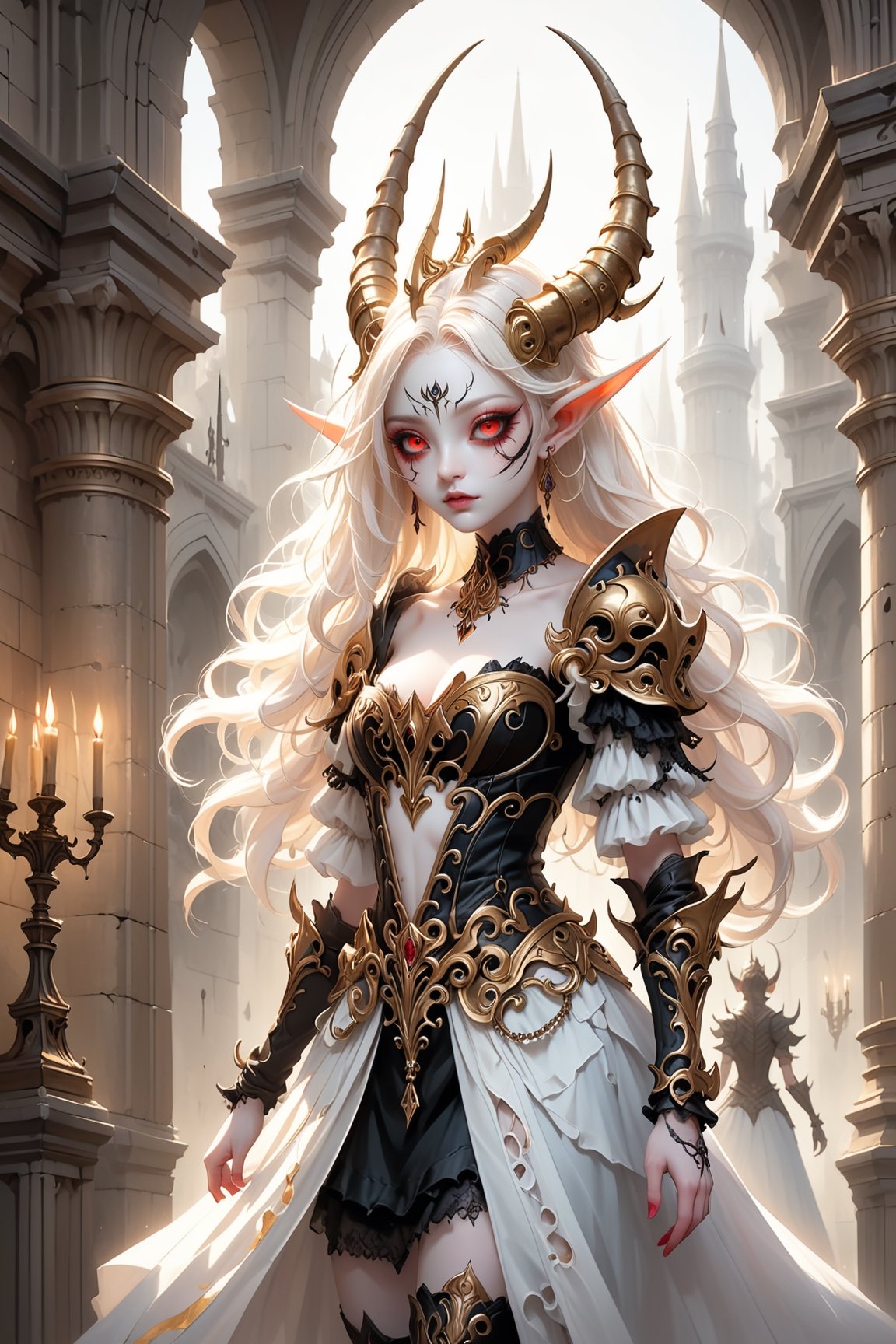 albino demon little queen, (long intricate horns:1.2), a sister clad in gothic punk attire, her face concealed behind a striking masquerade mask. She exudes an air of mystery and allure as she moves gracefully through the dimly lit corridors of the cathedraragon-themed,Christmas Fantasy World