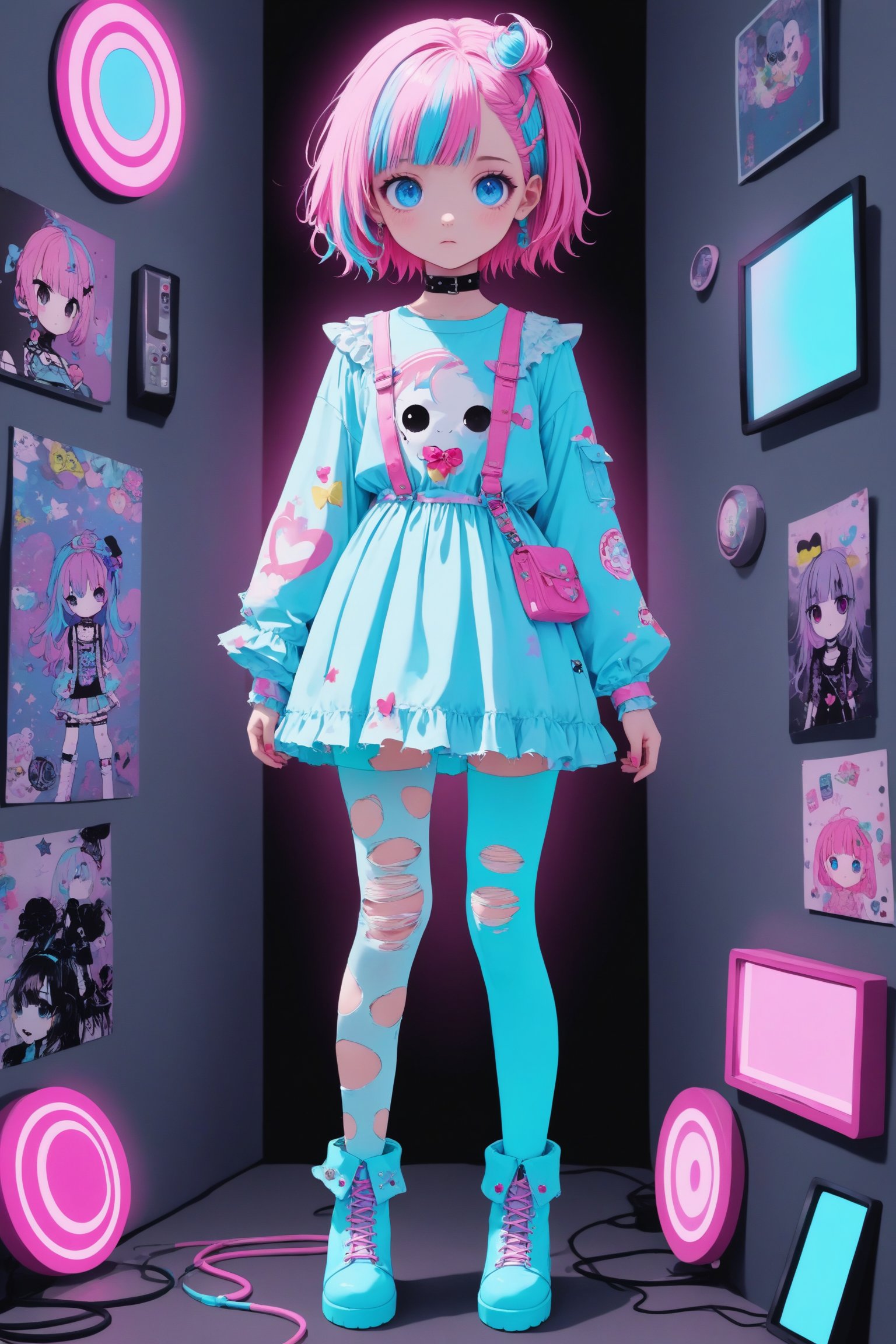 dal-3,vtuber girl,Solo,neon Light bright,(luminous clothing),
cute anime characters
Beautiful blue eyes,asymmetric bangs,candy punk Fashion,Pastel colored clothes based on blue and pink,Pastel Emo Fashion,kawaii and Lolita themes,She wears a distressed pastel dress with lace, an oversized torn cardiganAnime Print Shirt,Gothic Style tights, long military boots,,dal-6 style,pink-emo,emo,Visual_Illustration,c0l0urc0r3,neon photography style,Anime girl,glowing,Deformed