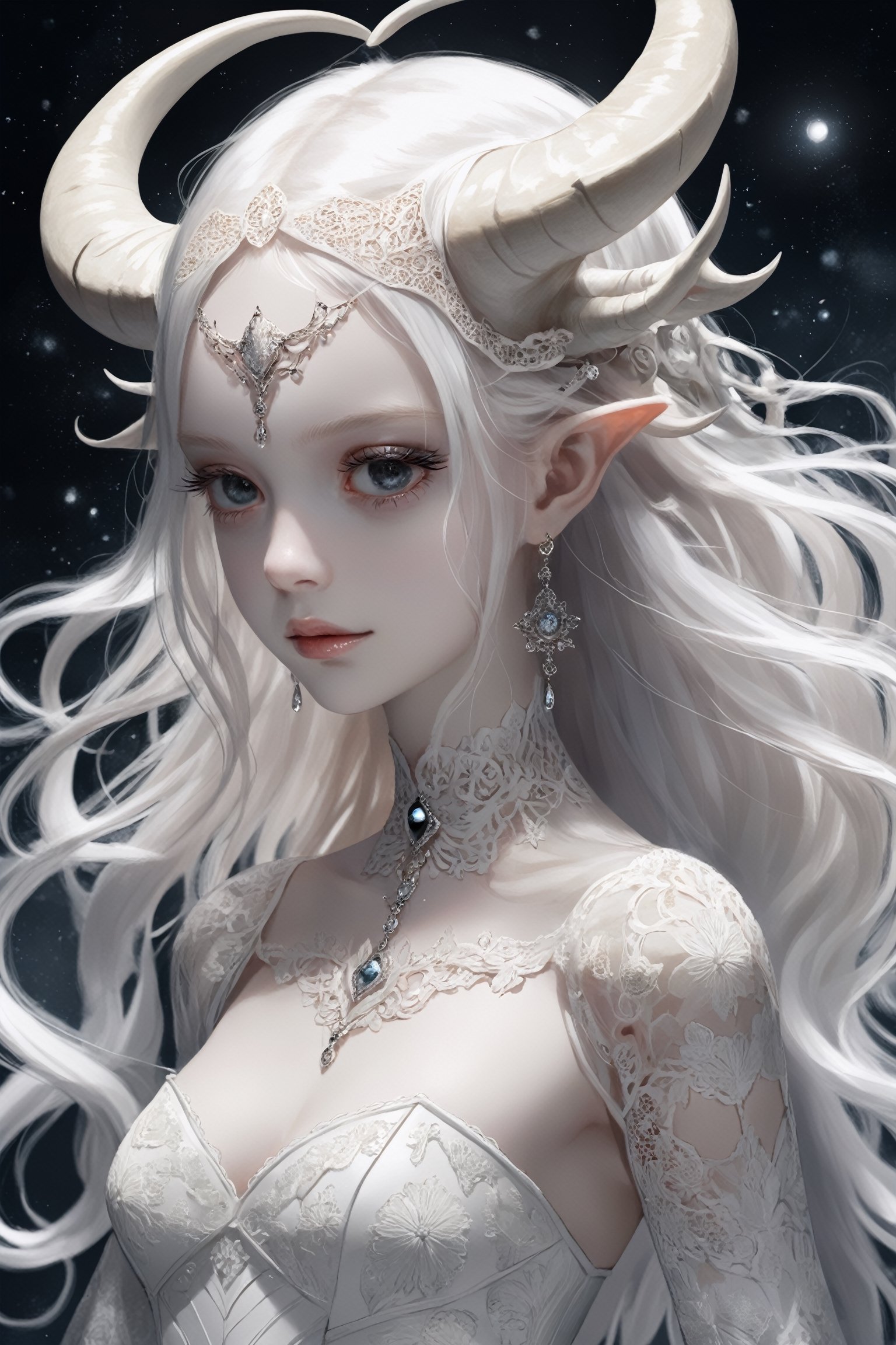 ,(long intricate horns:1.2) ,albino demon girl with enchantingly beautiful, alabaster skin,
A benevolent smile,girl has Beautiful deep black eyes,soft expression,Depth and Dimension in the Pupils,
Her porcelain-like white skin reflects an almost celestial glow, highlighting her ethereal nature,Every detail of her divine lace costume is meticulously crafted, 
Capture the subtle intricacies of the lacework, emphasizing the delicate patterns that complement her unearthly features. From the curve of her horns to the flowing elegance of her dress, 
,goth person,epicDiP,DonMM1y4XL