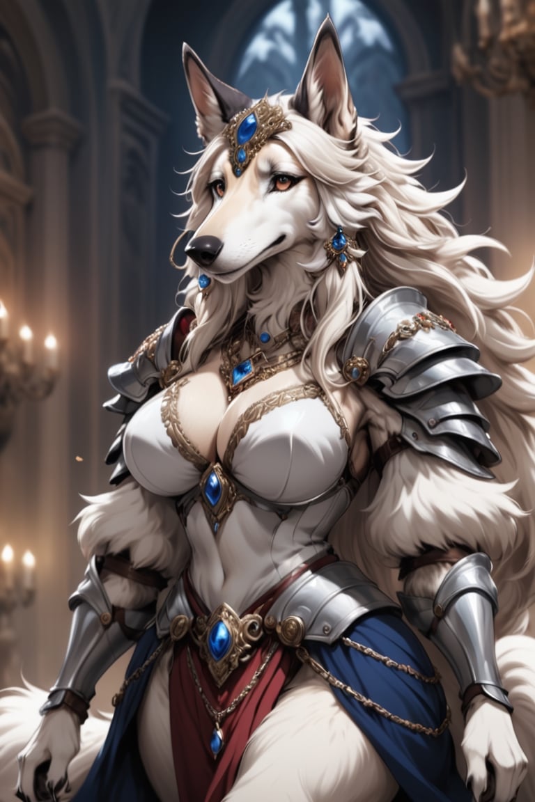 Extreme detailed,HENTAI anime style,
very long White hair beautiful borzoi aristocratic woman,(very long nose:1.5),((Fur skin)),(long eyelashes),wears many ornaments,elegance and beautiful  borzoi Dog,
Wearing luxury Maximilian Armor,large Breast,
l ,aw0k euphoric styleMagical Fantasy style,Qftan,knight,anthro,dal