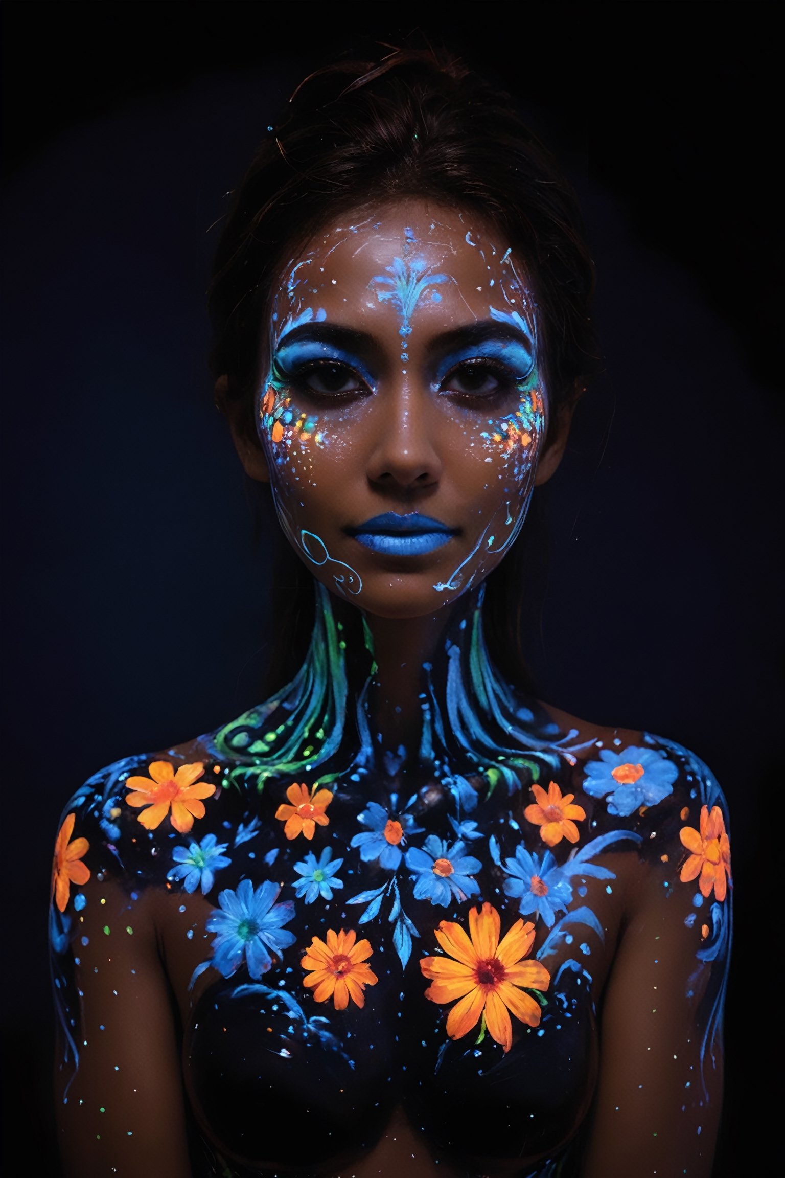 A girl, adorned with body paint, glows under blacklight, resembling radiant flowers, The intricate designs illuminate her skin, creating a mesmerizing spectacle as she moves. Each stroke of the brush accentuates her features, enhancing her natural beauty with vibrant hues that come to life under the fluorescent glow. With every graceful movement,bl4ckl1ghtxl,glitt3r,Wonder of Beauty