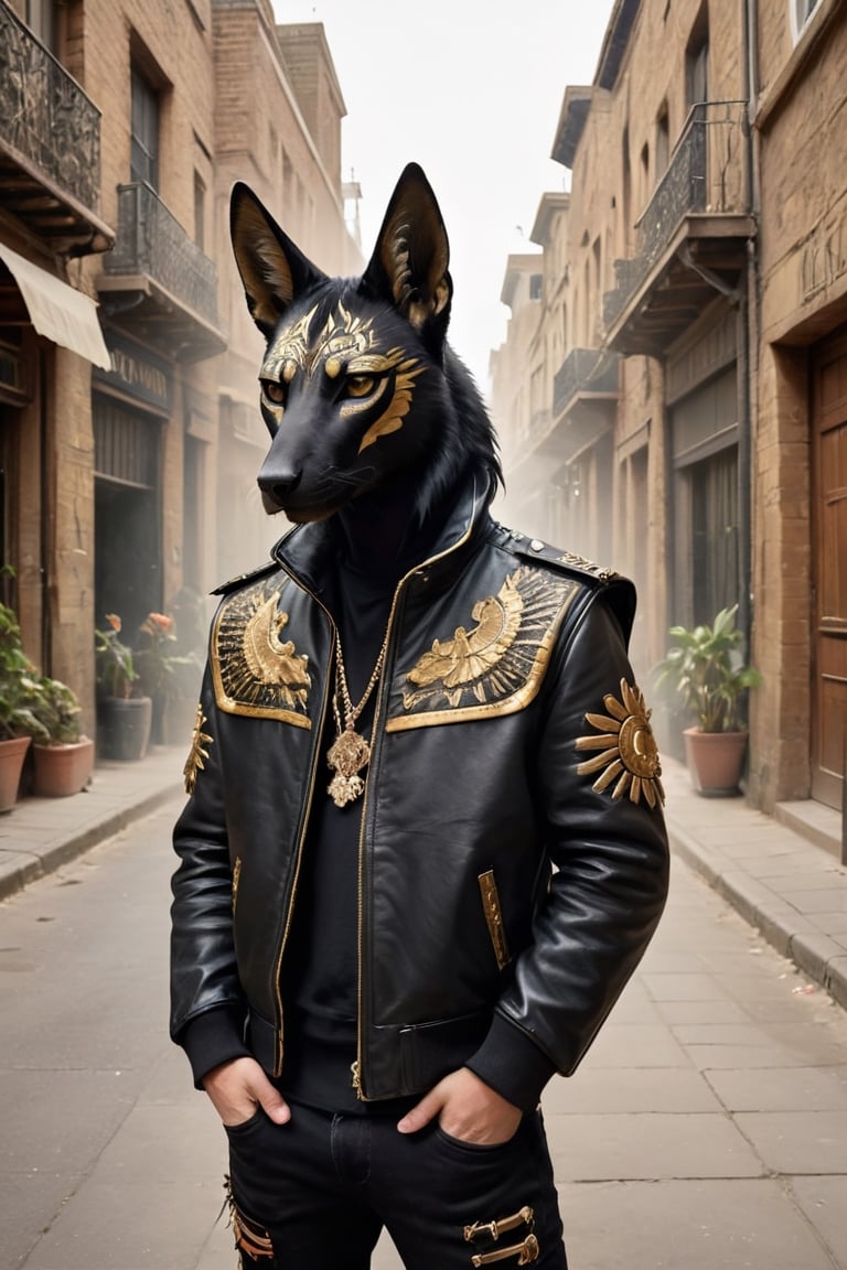 80s UK Street, Anubis,
Anubis, the jackal-headed god of Egyptian mythology, is represented in baroque-punk crust-core fashion,intricately embroidered leather jackets, dingy, torn garments, rebellious attitudinous punk rock fashion and ornate jewels adorned, highlighting his hallowed status.,Animal Verse Ultrarealistic 