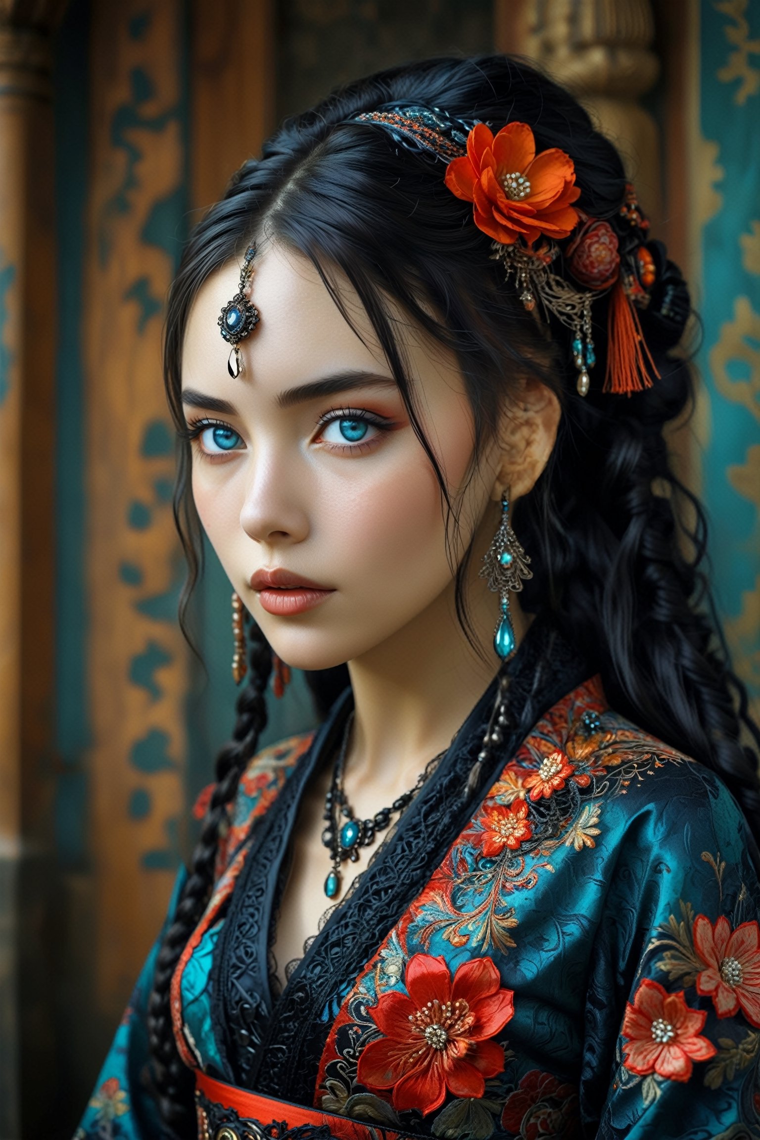  (beautiful French woman), beautiful Eyes,in a Central Asian wedding outfit, reimagined in Japanese Gothic style,Her colorful dress features intricate embroidery with Gothic lace and black accents, Kimono-style sleeves and an obi belt add a Japanese touch. She accessorizes with dark gemstone jewelry and a lace veil, her hair styled with braids and colorful ribbons, This fusion of Eastern European, Central Asian, and Japanese Gothic elements creates a unique and sophisticated look.,bustle dress,mad-marbled-paper,PIXAR