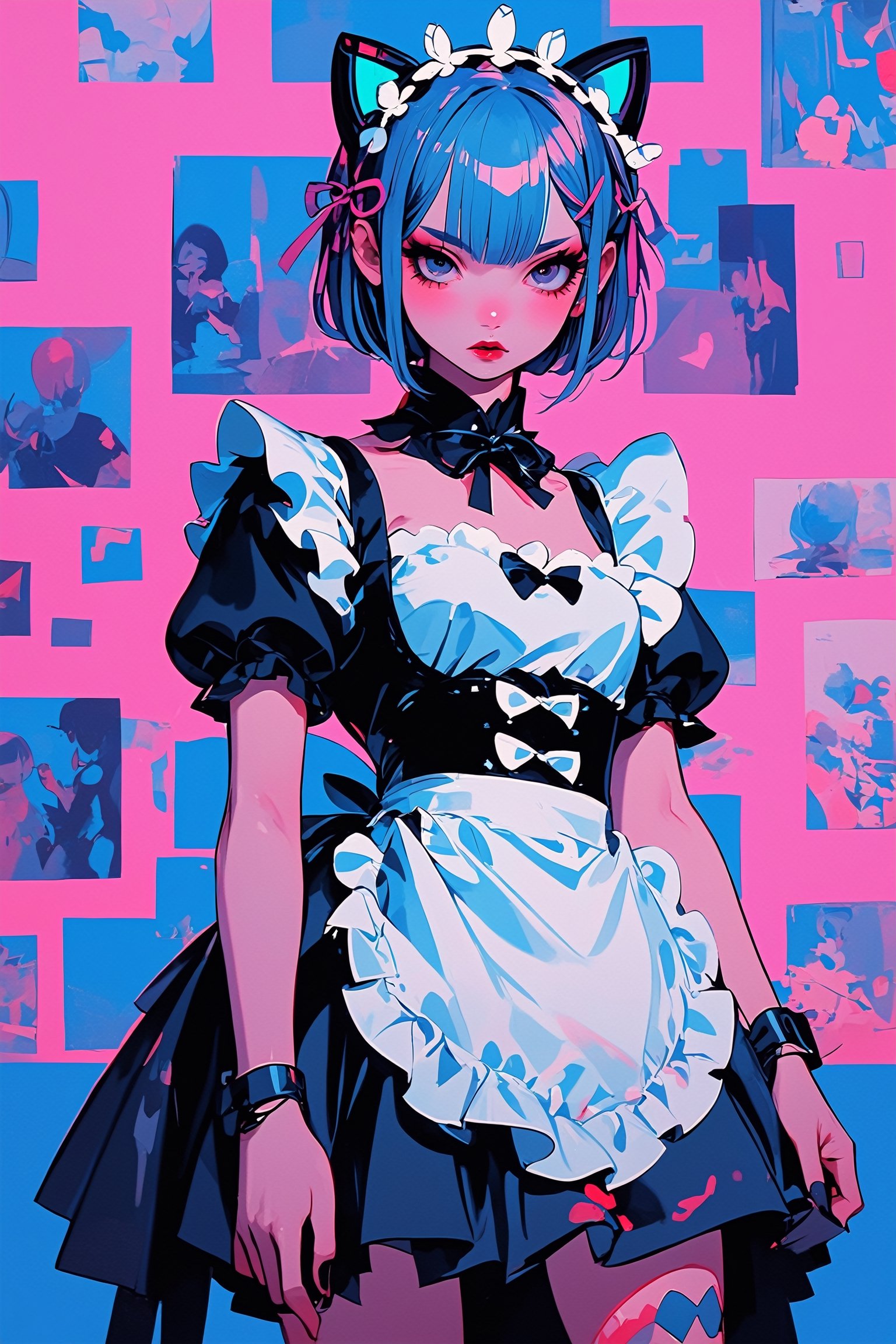 Nordic girl,emo Gothic makeup, subculture-inspired French maid outfit with a Japanese twist. The girl, with short blue hair, wears a pastel blue maid dress featuring a kimono-style collar and obi belt. She has white sakura-embroidered apron, pastel blue cat ear headphones,bustle dress,Ground Mine Girl,shullet,rem \(re_zero\),dal-1