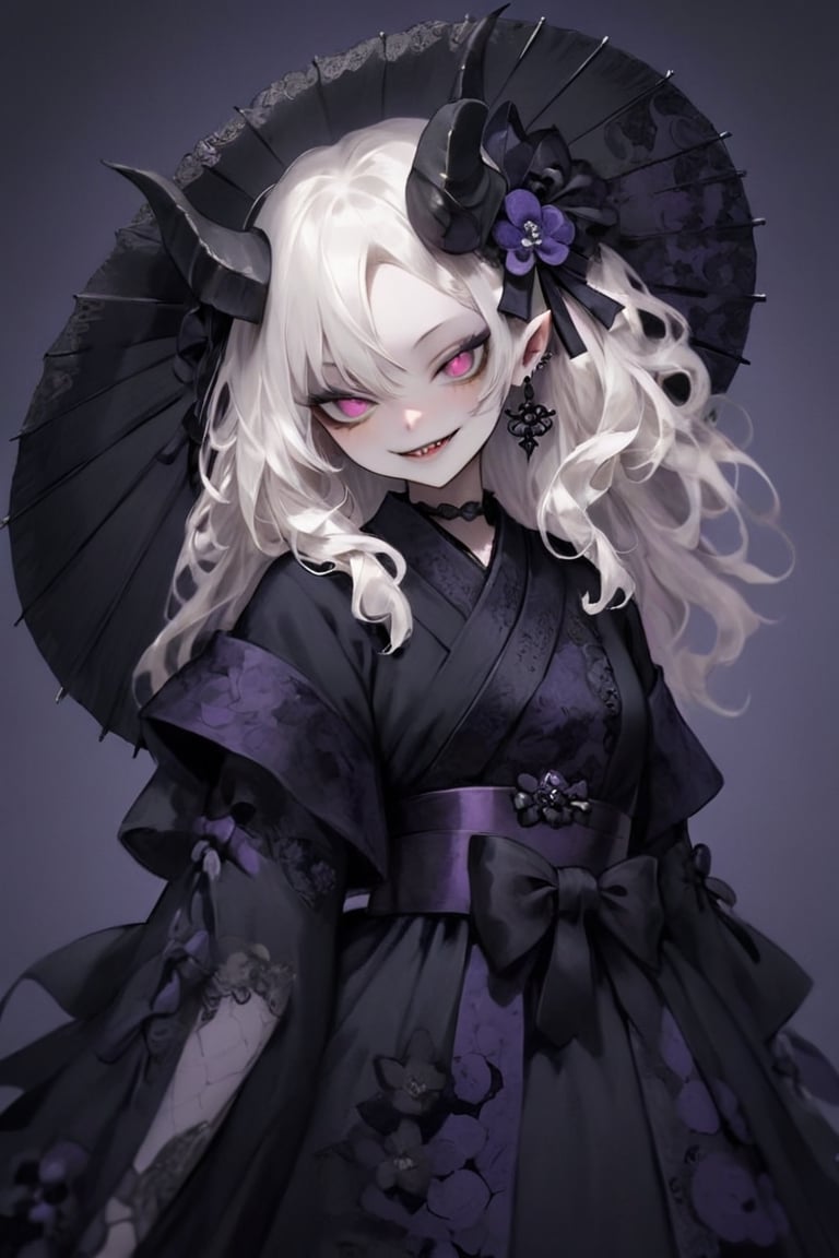 (masterful),(smile),(Squinting),toothy smile,radiant smile,
albino demon little queen, (long intricate horns), a sister clad in gothic punk attire,fusion of traditional Japanese aesthetics and Gothic Lolita fashion, where elegant kimono silhouettes intertwine with the dark allure of Gothic elements. Picture elaborate, lace-trimmed kimonos in deep, rich colors adorned with ornate obis and corseted bodices,Accessories like parasols with lace and ribbons add a Victorian touch. Intricate hairpieces blend traditional tsumami kanzashi with gothic motifs, The color palette leans towards deep purples, blacks, and blood-reds, creating a striking contrast against the delicate fabrics,DonM1i1McQu1r3XL,nocturne,ct-niji2,dal