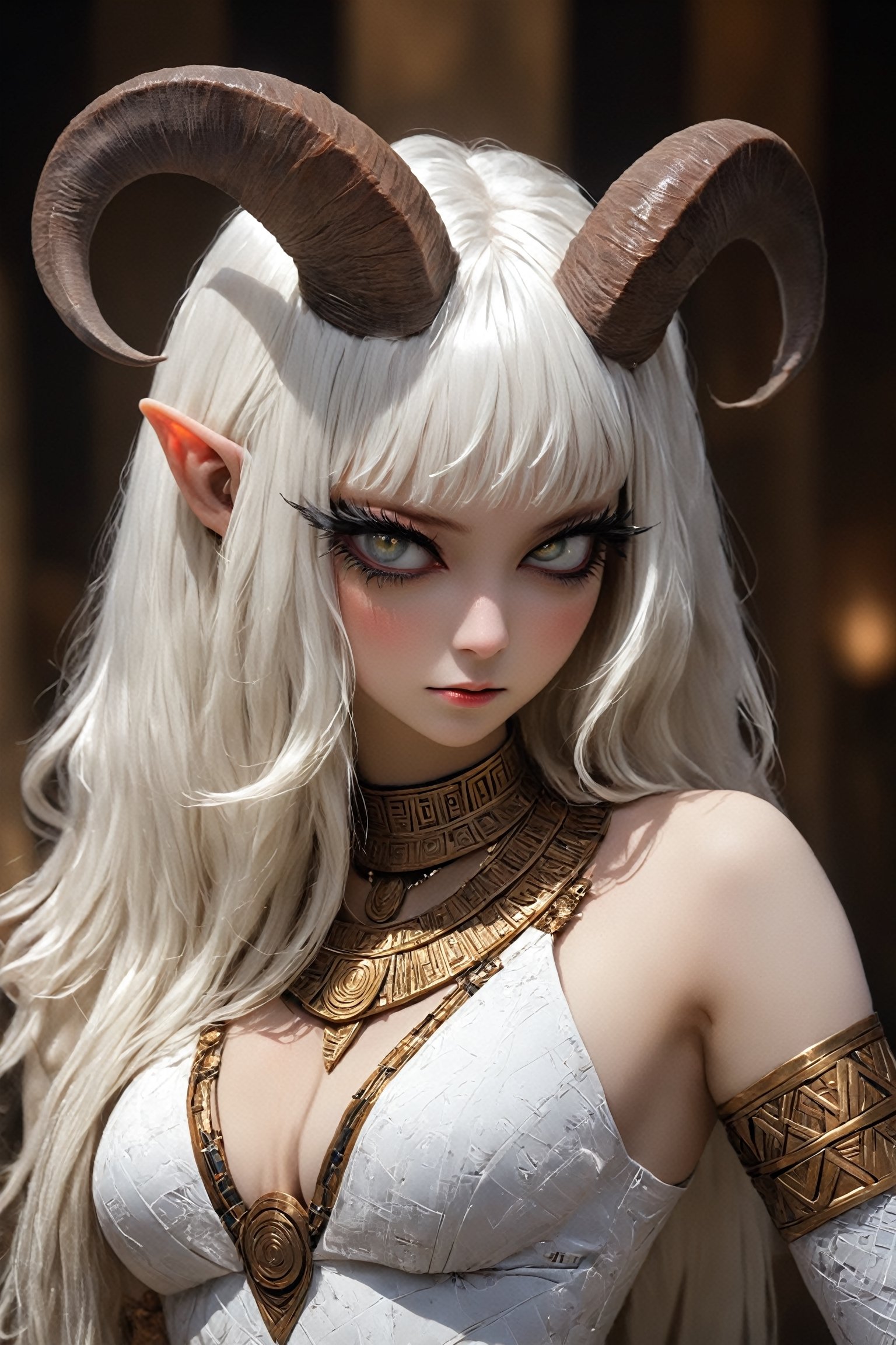 ultra Realistic, aura of enchantment and mystery, the albino demon girl, (Complex Longhorn:1.2) ,Ancient Egyptian themed bunny costume,Egyptian-style eyeliner, ample breasts, deep cleavage, hieroglyphic symbols,Belly dancer's breast accessory, round shaped scaled accessory, Egyptian style choker, net tights, tight PVC suit, exotic jewelry, sleek bodysuit reminiscent of Egyptian linens,aesthetic,dal,bj_Devil_angel,close up,eyelashes