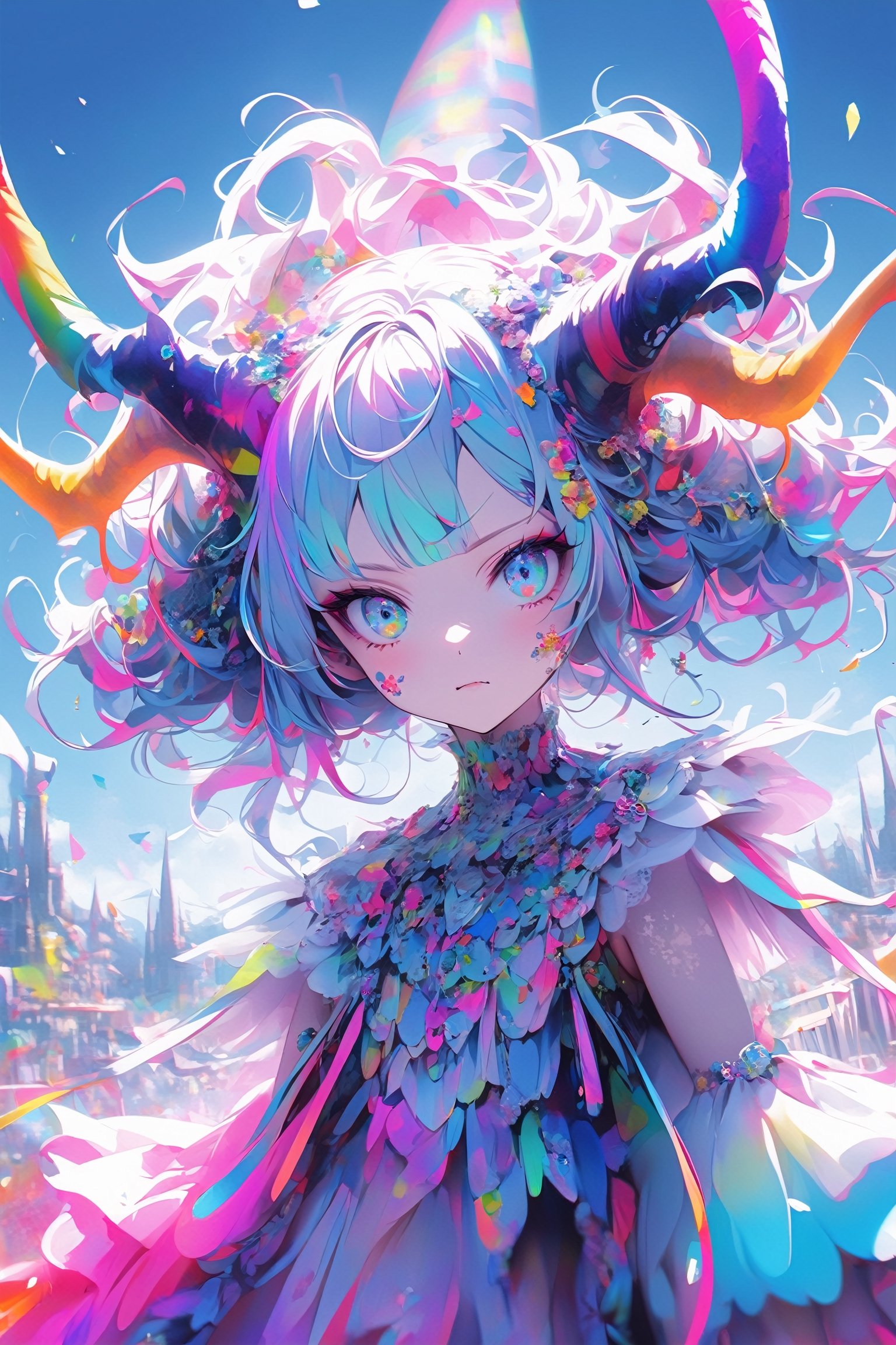 ultra Realistict, demon girl, (Complex Longhorn: 1.2) ,crazy alternate hairstyle, amazingly intricately (dreadlocks) hair,colorful color hair, each braid painstakingly created,decorated with delicate accessories and beads,aesthetic,Beautiful Blue eyes, ,Rainbow haired girl ,bj_Devil_angel,dal-1