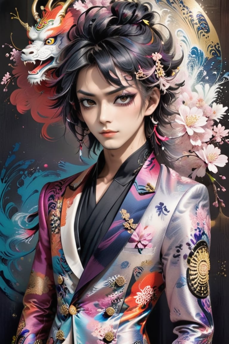 visually striking male figure, in a luxurious double-breasted frock coat with a Japanese twist,Envision the coat crafted from sumptuous silk brocade, featuring intricate patterns inspired by traditional Japanese motifs such as cherry blossoms, dragons, or waves,

The man's hair is styled in a flamboyant manner, with streaks of vibrant color and elaborate hair accessories reminiscent of visual kei fashion. His makeup is dramatic, with smoky eyes and bold lip color, enhancing his enigmatic allure,Around his neck, envision a statement necklace crafted from lacquered wood or adorned with ornate kabuki masks, further accentuating the fusion of Japanese and visual-kei,abmhandsomeguy,hyper real extra effect add ,real_booster