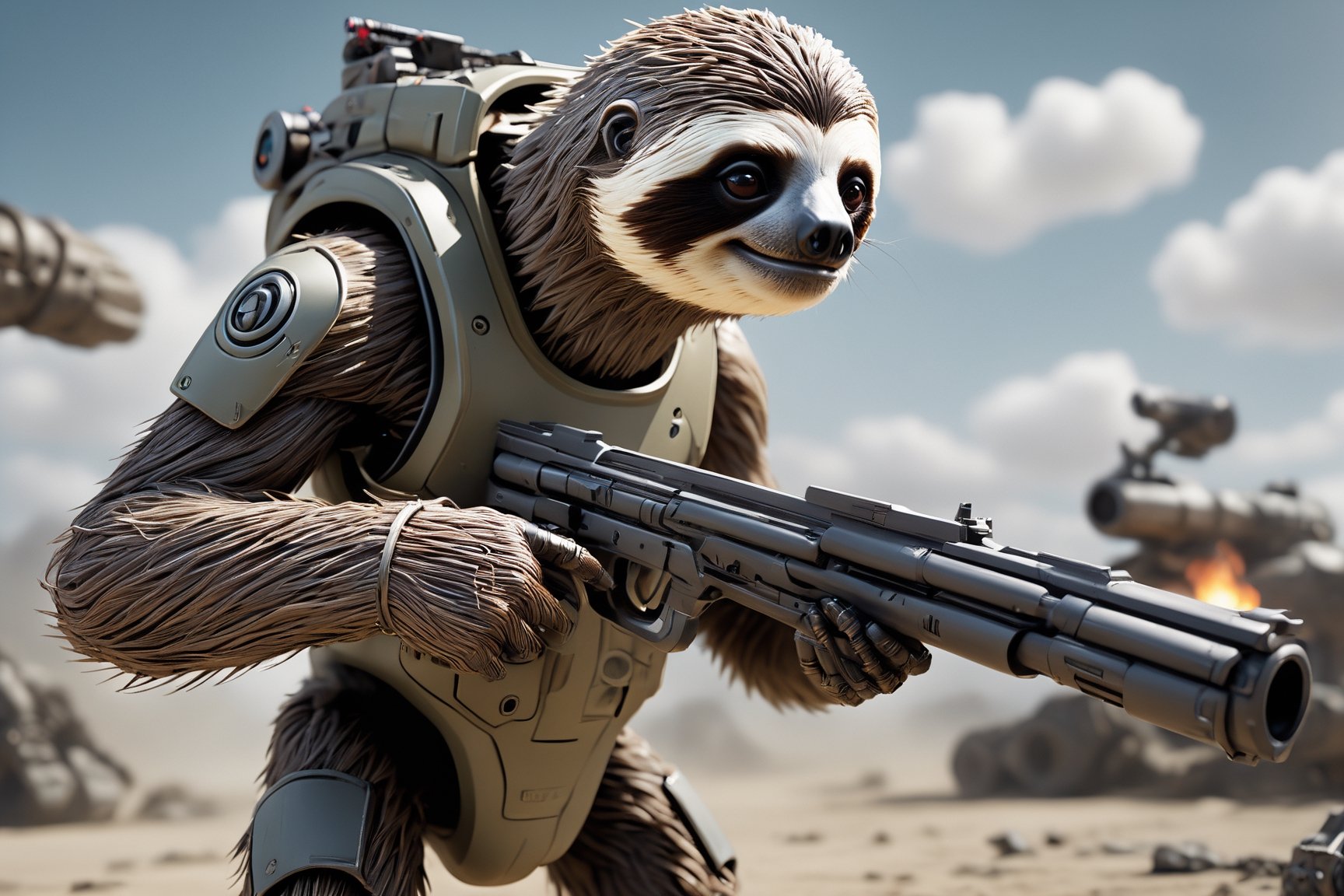 Extreme detailed, ultra Realistic, futuristic, A animal sloth with a high-tech Gatling gun on its back, Solo, 1sloth, large Gatling gun, fire, high-tech cybernetics sloth,((four legs)), ULTRA Real, military, monster, ,mecha,