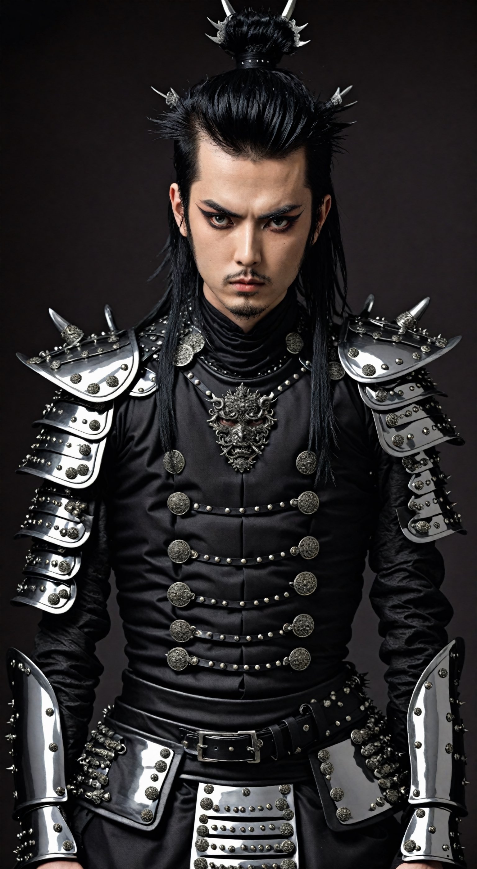  1man,handsome guy,Gothic punk fashion with the traditional armor of a samurai,
 Envision a unique blend of edgy and ornate elements, combining dark, punk-inspired clothing with the intricate design of a samurai's armor. Emphasize details such as spikes, leather, and metal studs, merging the rebellious aesthetic of Gothic punk with the historical elegance of samurai attire,Stylish,goth person,,<lora:659095807385103906:1.0>