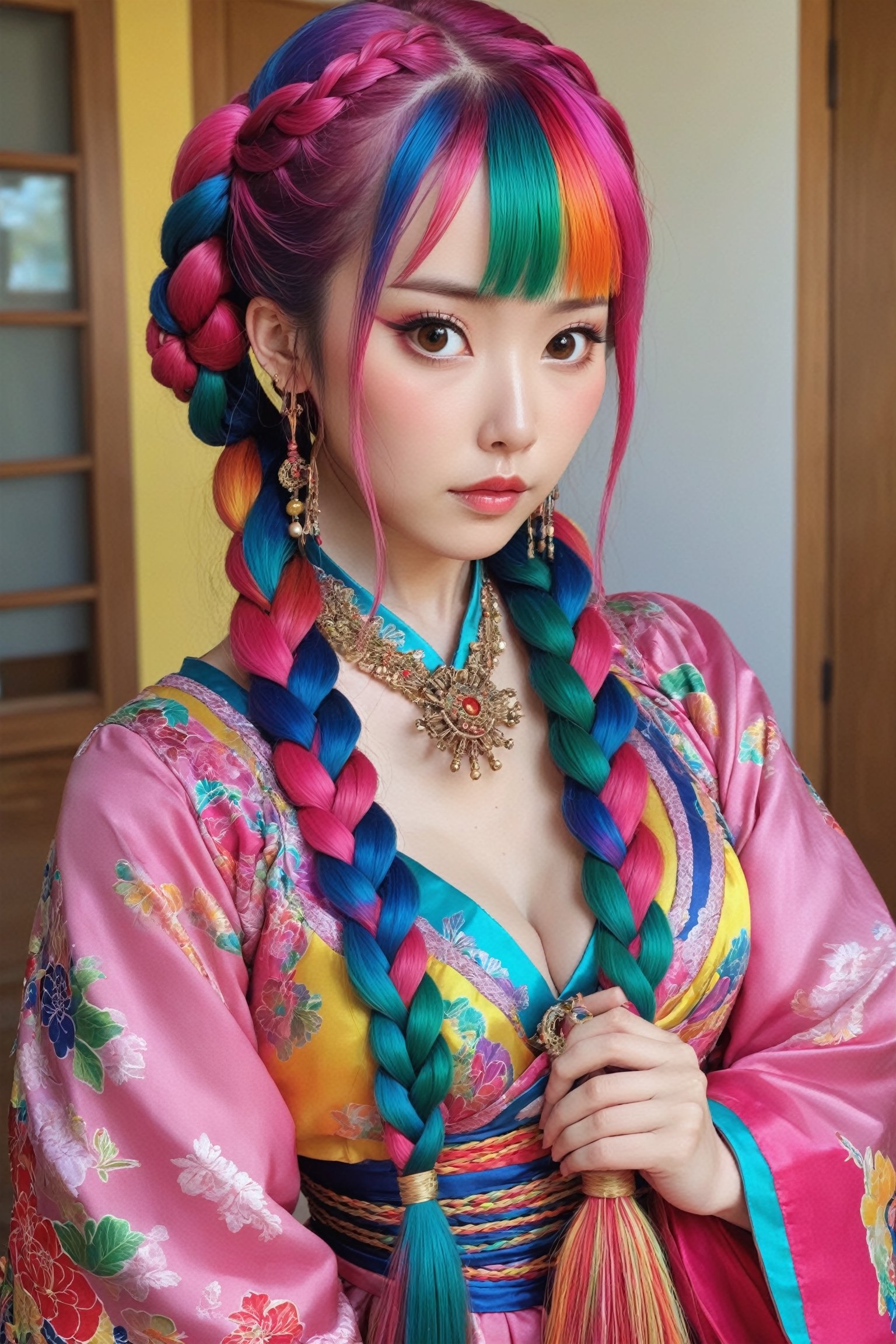 Kitsch maximalism fashion style,1Girl,Beautiful japanese woman, long incredibly intricately braided hair, colorful and overdecorated japanese　dress,enakorin,Rainbow haired girl ,pink-emo