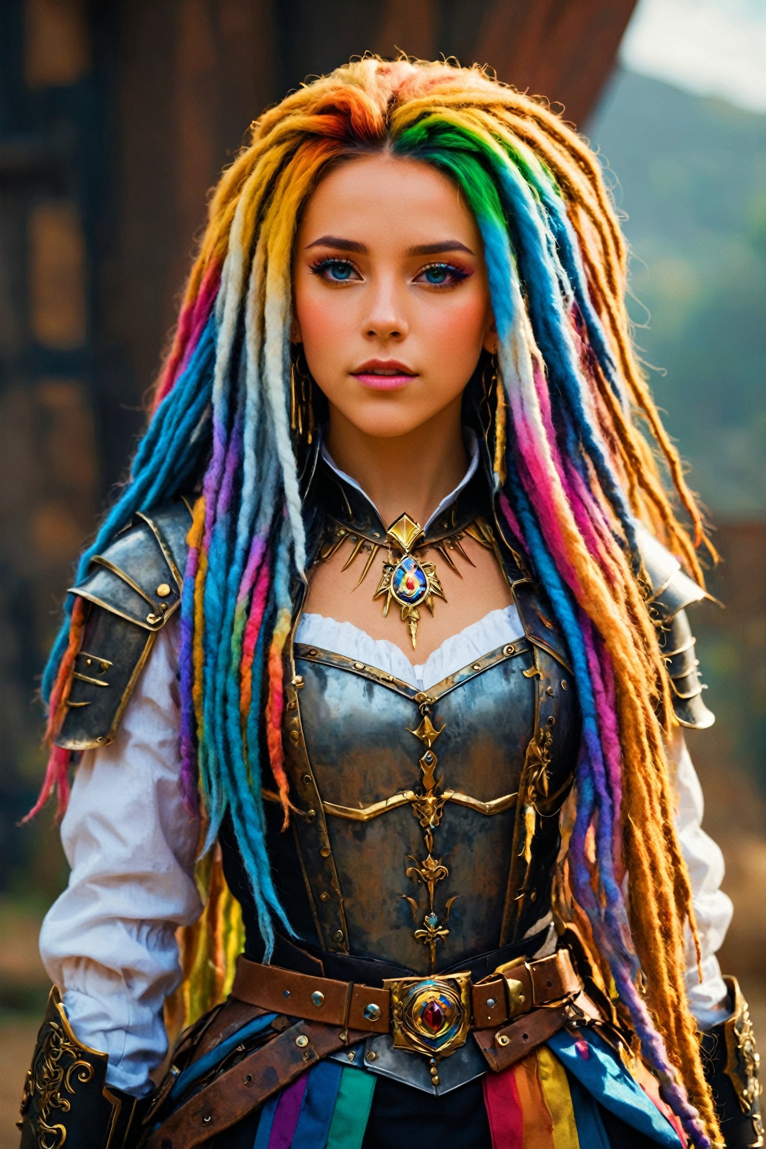 Ultra realistic,princess knight,((very long colorful dreadlocks)), seven-colored hair, wearing gorgeous and stylish western style dress suit, gold cuffs, rings,royal knight,dal,Rainbow haired girl 