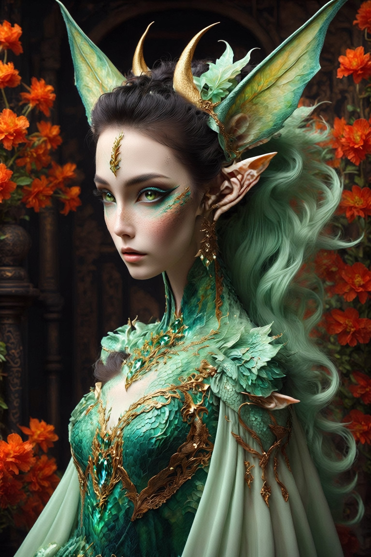 alabaster skin, mystical being, born of the union between a dragon and an elf girl,elf ears,Dragon inspired dress,extraordinary creature exhibits both draconic and elven features, blending the elegance of the elves with the majestic presence of dragons. Its scales might shimmer with ethereal colors, and its pointed ears showcase the elven heritage. This hybrid being represents the harmonious fusion of two fantastical worlds, embodying a unique and captivating presence.,DonM3lv3sXL,Disney pixar style