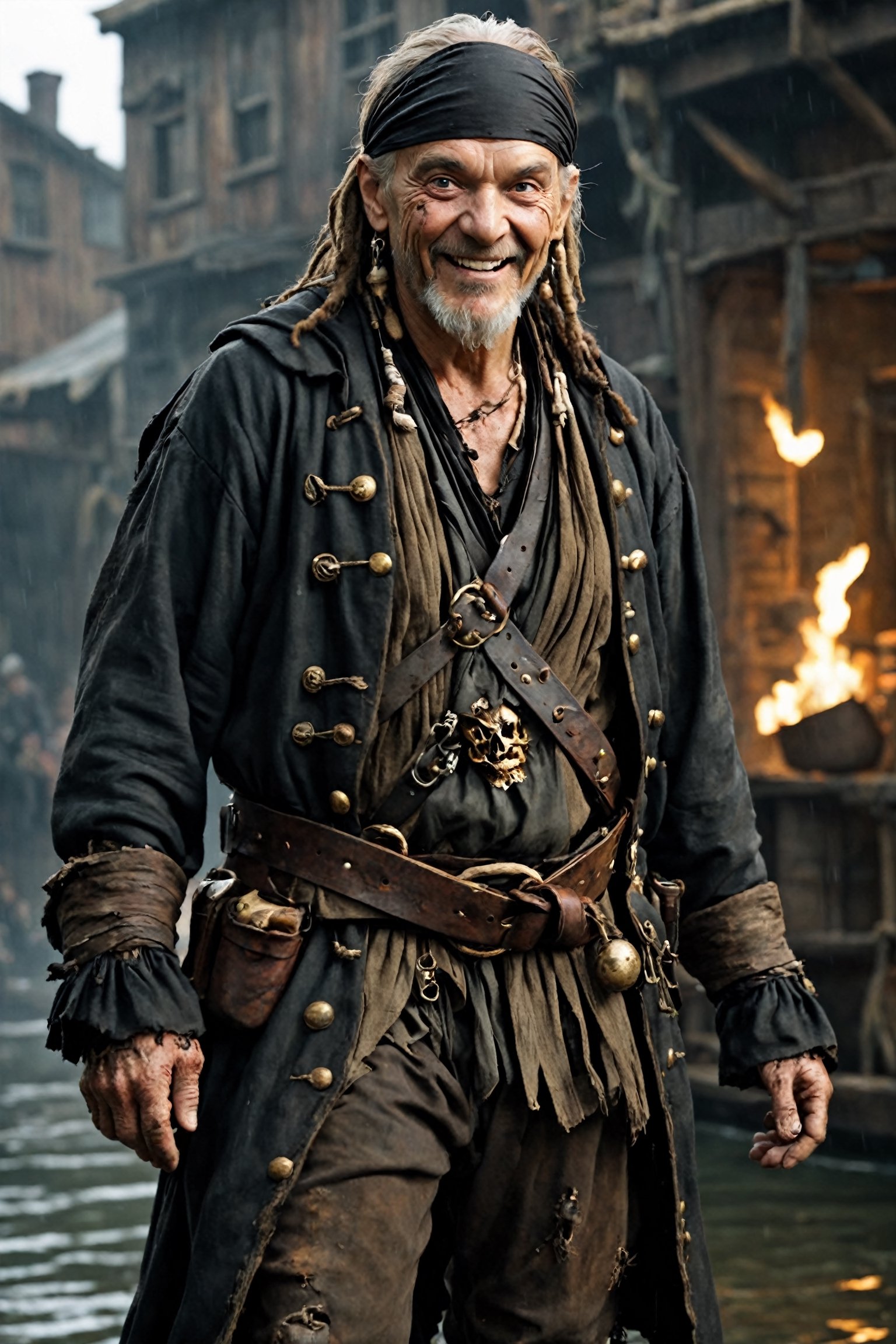 Ultra realistic,ugly old male pirate,low-ranking pirate,Mean smile,
black eyeliner, dirty coat,(scrawny:1.2),(bandana hood:1.2),baggy trousers,gun belt, knee-length boots,Leonardo, Movie Still