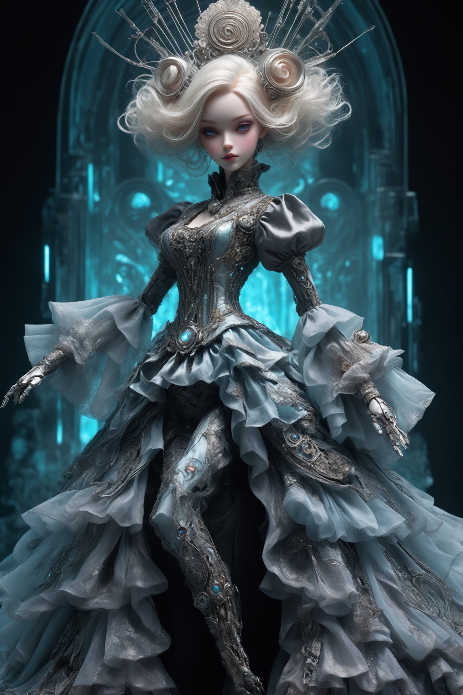 Imagine a ball-jointed doll,dressed in a cyberpunk-inspired Rococo dress. The doll features intricate joints, allowing for lifelike poses. Her dress merges the ornate elegance of Rococo with futuristic cyber elements. The fabric is a mix of rich silks and metallic materials, adorned with elaborate lace and digital patterns that glow subtly. The bodice is detailed with delicate ruffles and cybernetic embellishments, while the skirt flares out in layers, combining traditional Rococo volume with sleek, modern lines. Her hair is styled in a powdered wig, interwoven with fiber optic strands, ,d1p5comp_style