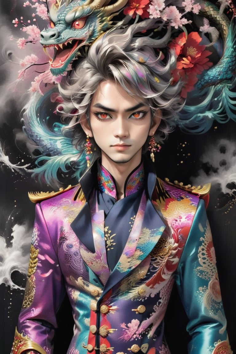 visually striking male figure, in a luxurious double-breasted frock coat with a Japanese twist,Envision the coat crafted from sumptuous silk brocade, featuring intricate patterns inspired by traditional Japanese motifs such as cherry blossoms, dragons, or waves. The collar and cuffs are embellished with opulent embroidery and beading, adding a touch of glamour to the ensemble.

The man's hair is styled in a flamboyant manner, with streaks of vibrant color and elaborate hair accessories reminiscent of visual kei fashion. His makeup is dramatic, with smoky eyes and bold lip color, enhancing his enigmatic allure. Around his neck, envision a statement necklace crafted from lacquered wood or adorned with ornate kabuki masks, further accentuating the fusion of Japanese and visual-kei,