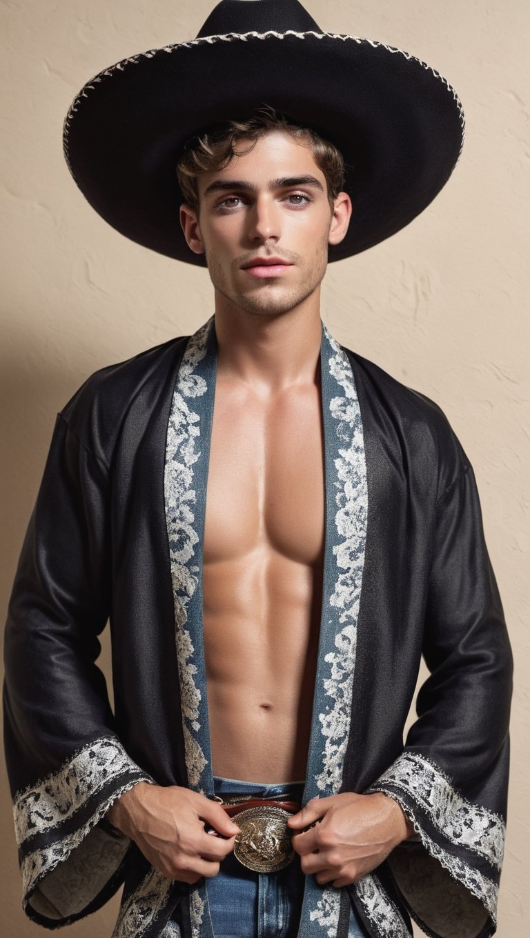 ultra Realistic,
high-Detailed beautiful face,cowboy shot,
young Mexican man,luxury BLACK sombrero
full body,perfect Face,wear kimono very loose and slovenly,luxury male kimono,
European antique room background,p3rfect boobs,cleavage,perfecteyes,