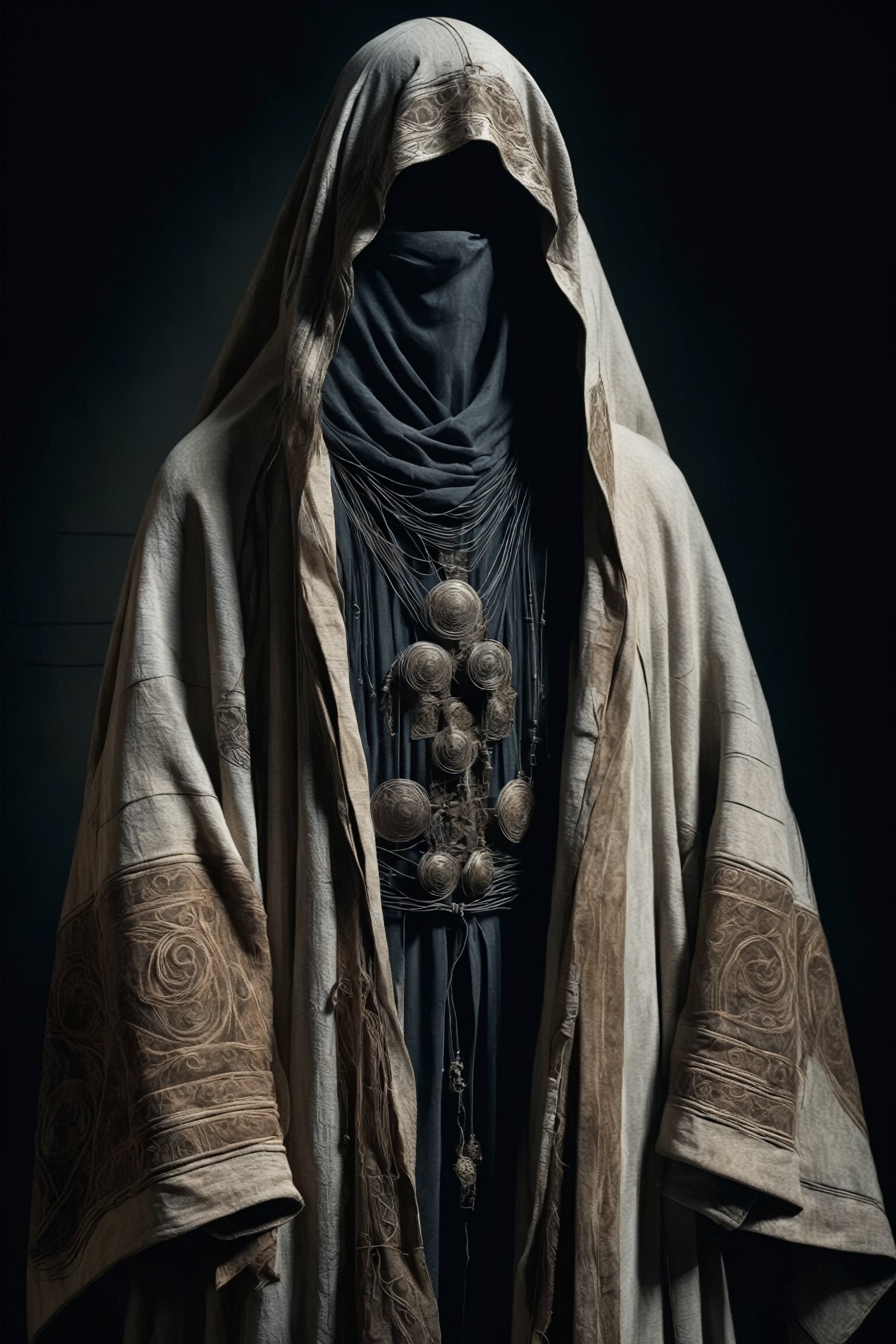 An elderly mannequins dressed in a weathered cloak adorned with traditional Slavic embroidery,((face hidden in the shadows:1.8)),
 His face is mostly obscured by the folds of the robe, but his long beard peeks out from beneath,Despite his advanced age, there's a sense of mystery and wisdom emanating from him, hinting at a lifetime of experiences and stories hidden within.,Hollow,
black wire mannequins