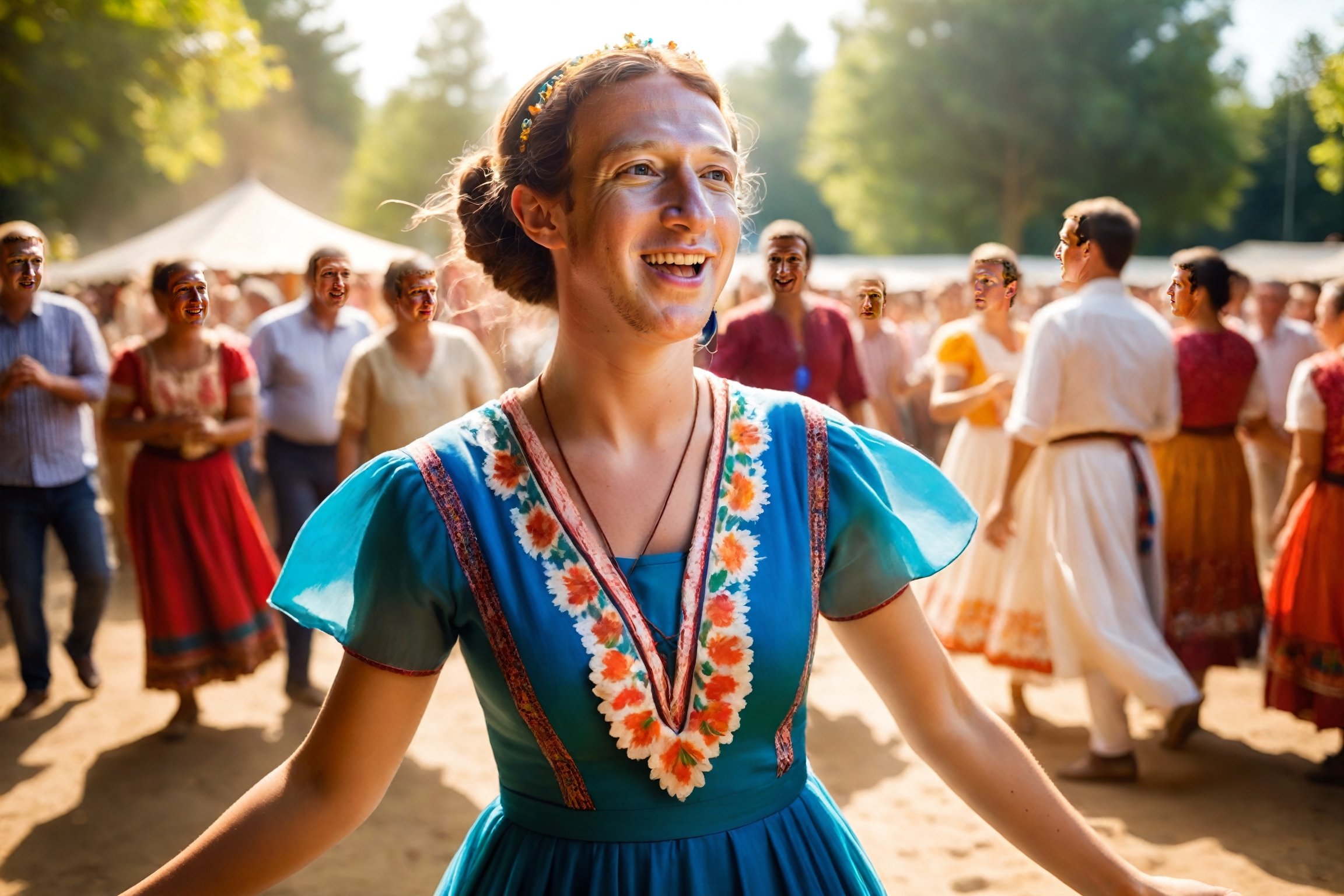 A photograph of a 25-year-old ((Mark Zuckerberg)) with a warm, joyful face full of freckles and big blue eyes that are looking directly at the viewer. She is captured in mid-dance, wearing a traditional folklore dress during a village festival on a sunny day. The image is taken from the point of view of a man dancing with her, giving the impression that the viewer is her dance partner. Sun rays are filtering through the scene, created with ray tracing to give a lifelike effect of sunlight. The environment is festive and colorful, with the background slightly blurred to focus on her expressive face and the details of her dress. The lighting is natural and bright, enhancing the cheerful atmosphere.,360 View