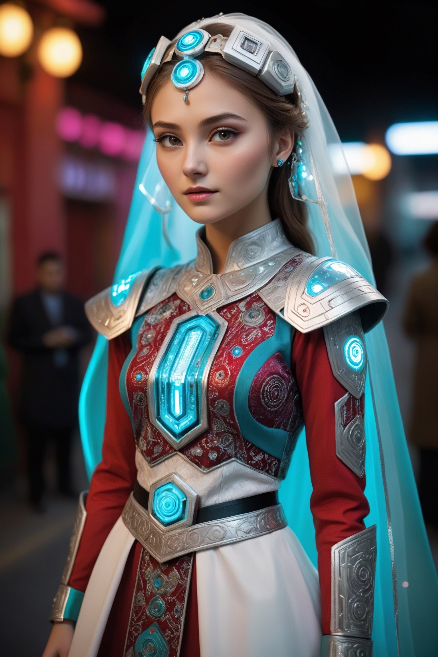 1girl,(Nordic girl),
 Kazakhstan's cyberpunk-inspired traditional wedding attire, sleek colorful fabrics replace traditional textiles, with intricate circuitry patterns adorning the garments. The bride's gown angular lines reminiscent of futuristic armor, embellished with holographic accents and LED lights,such as illuminated accessories and augmented reality displays embedded in his headgear,Pakistani dress