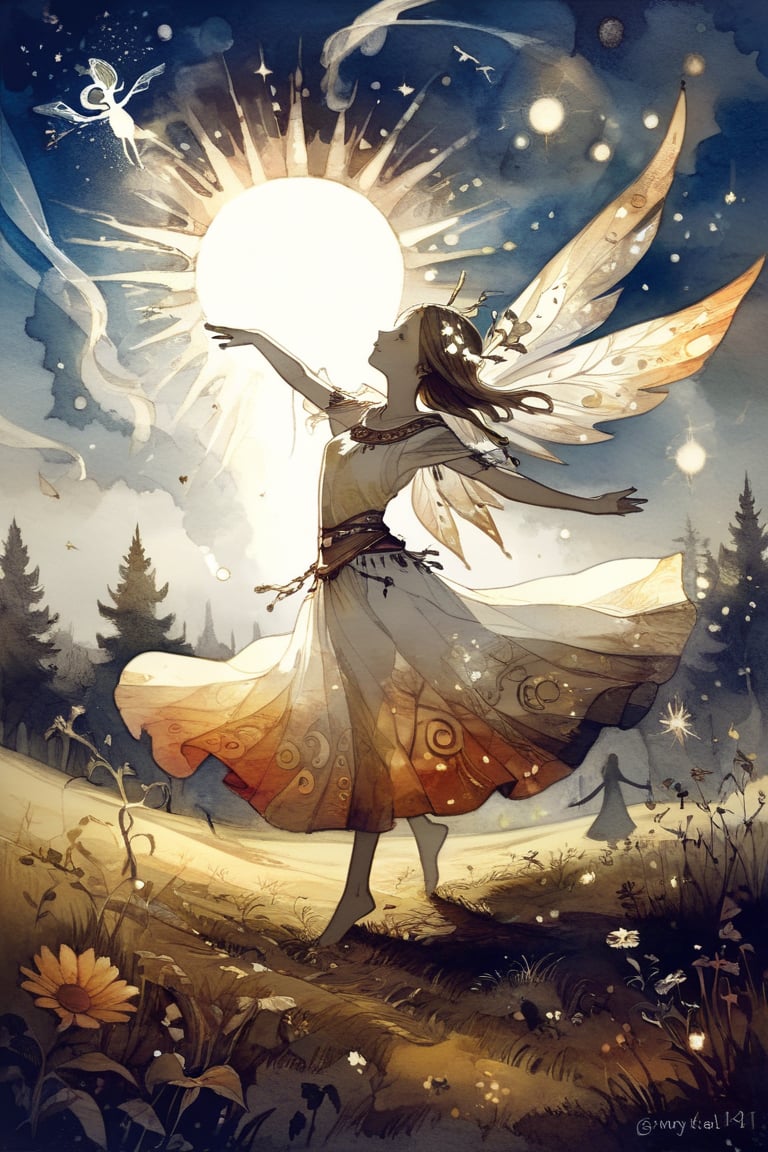 fairy tale illustrations,Simple minimum art, 
myths of another world,Perfect sky, 
pagan style graffiti art, aesthetic, sepia, ancient Russia,(holy bard),
A female shaman,sunny day,
 warm sunlight,Golden meadow, girl dancing in the meadow,
watercolor \(medium\),DonMP4ste11F41ryT4l3XL,