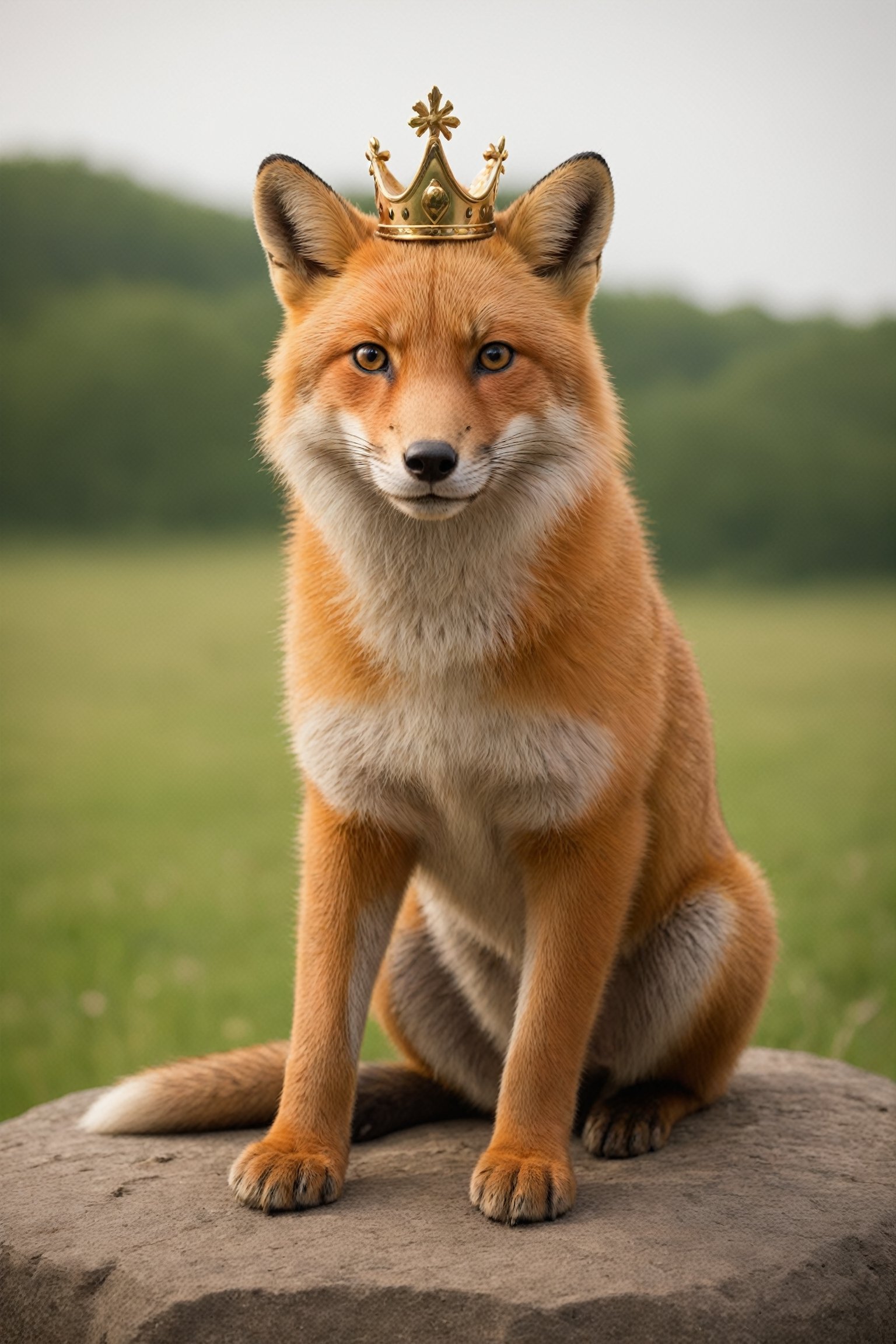 ultra Realistic,fox,On a grassy plain, a majestic fox sits atop a rocky outcrop, exuding regal grace, The fox king of the prairie, ((small crown:1.5)),(wears a small crown upon its head:1.5), symbolizing its royal status. Its fur is a blend of earthy tones, blending seamlessly with the natural landscape. With piercing eyes that seem to hold ancient wisdom,Animal Verse Ultrarealistic 