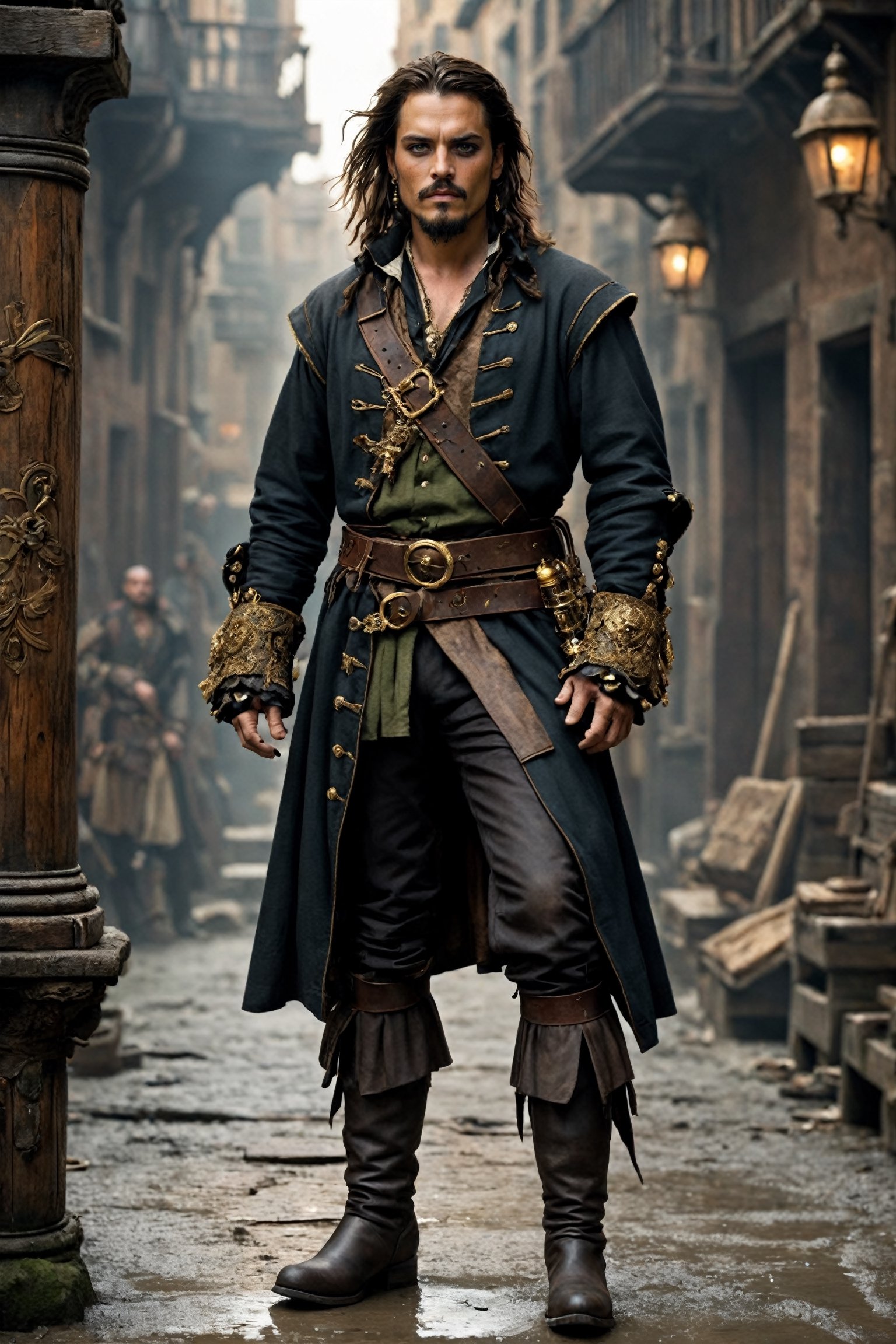 Ultra realistic,handsome young male pirate,black eyeliner, dirty coat,long hair, dark shades of Renaissance aristocratic dress, dirty cuffs, gun belt, knee-length boots, wearing intricately crafted ornaments and decorated with numerous gold ornaments, handsome man, goatee, pirate, Leonardo, Movie Still