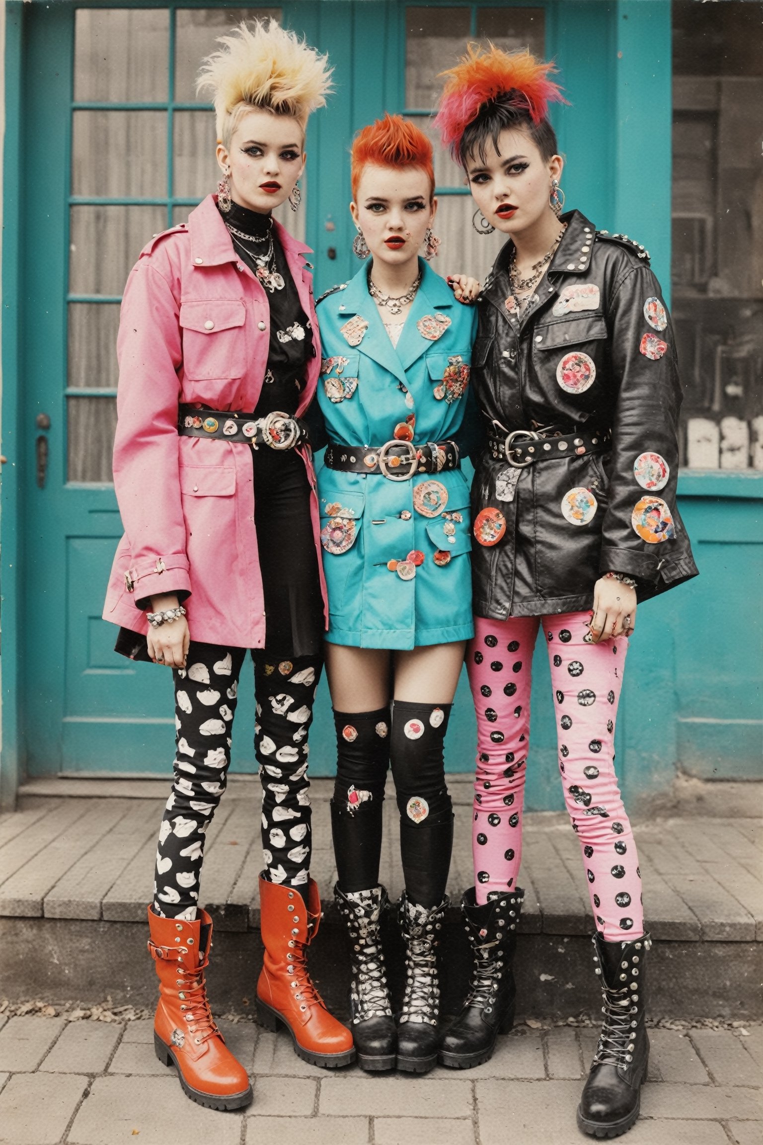 monochrome photo, vibrant and unconventional punk rock fashion, ensembles inspired by kitsch and maximalism, bold prints, clashing colors, oversized jackets decorated with whimsical patches, bright colors Unique accessories such as leggings, thick belts and decorative boots, spike studs,cinematic style