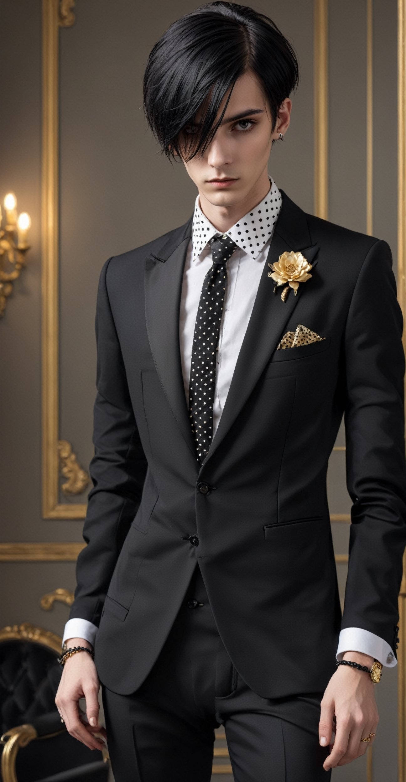 Solo,Realistic photo, nasty man, aesthetic French gentleman, emo aristocratic style, short hair,eye shadow,emo Gothic makeup, chic black business suit with polka dot tie,black manicure finger,(luxury golden lapel pin chain),
Flower handkerchief in chest pocket, Slender man with long legs and tall stature,Handsome boy,abmhandsomeguy