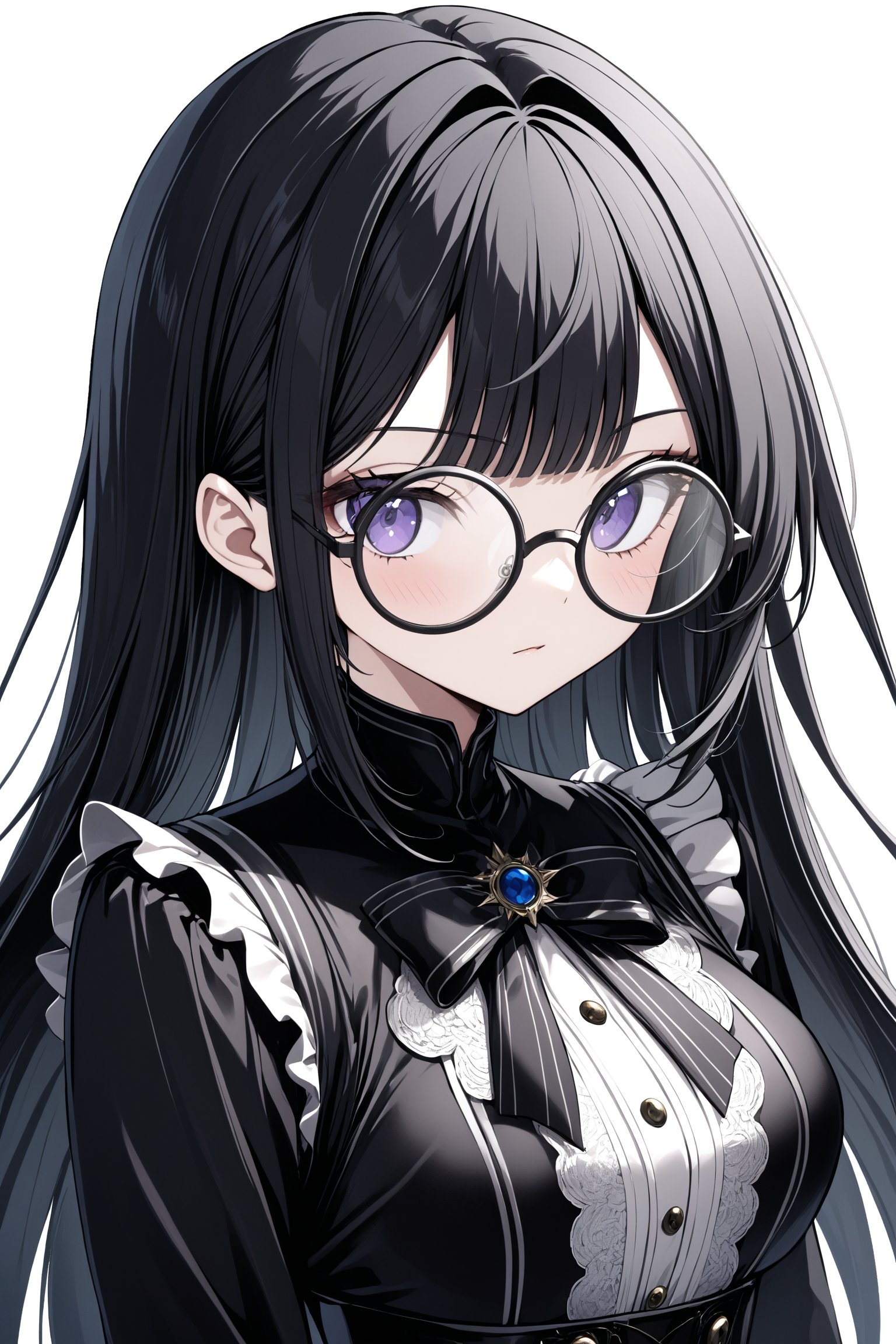 1 girl, black hair, hime cut,blunt bangs,(hair intakes),
 ((wearing large round glasses)), and a Gothic-style sailor uniform,The uniform features dark colors, lace accents, and a corset-like bodice, blending traditional and alternative fashion elements. Her look is both elegant and edgy,akebi komichi,anime