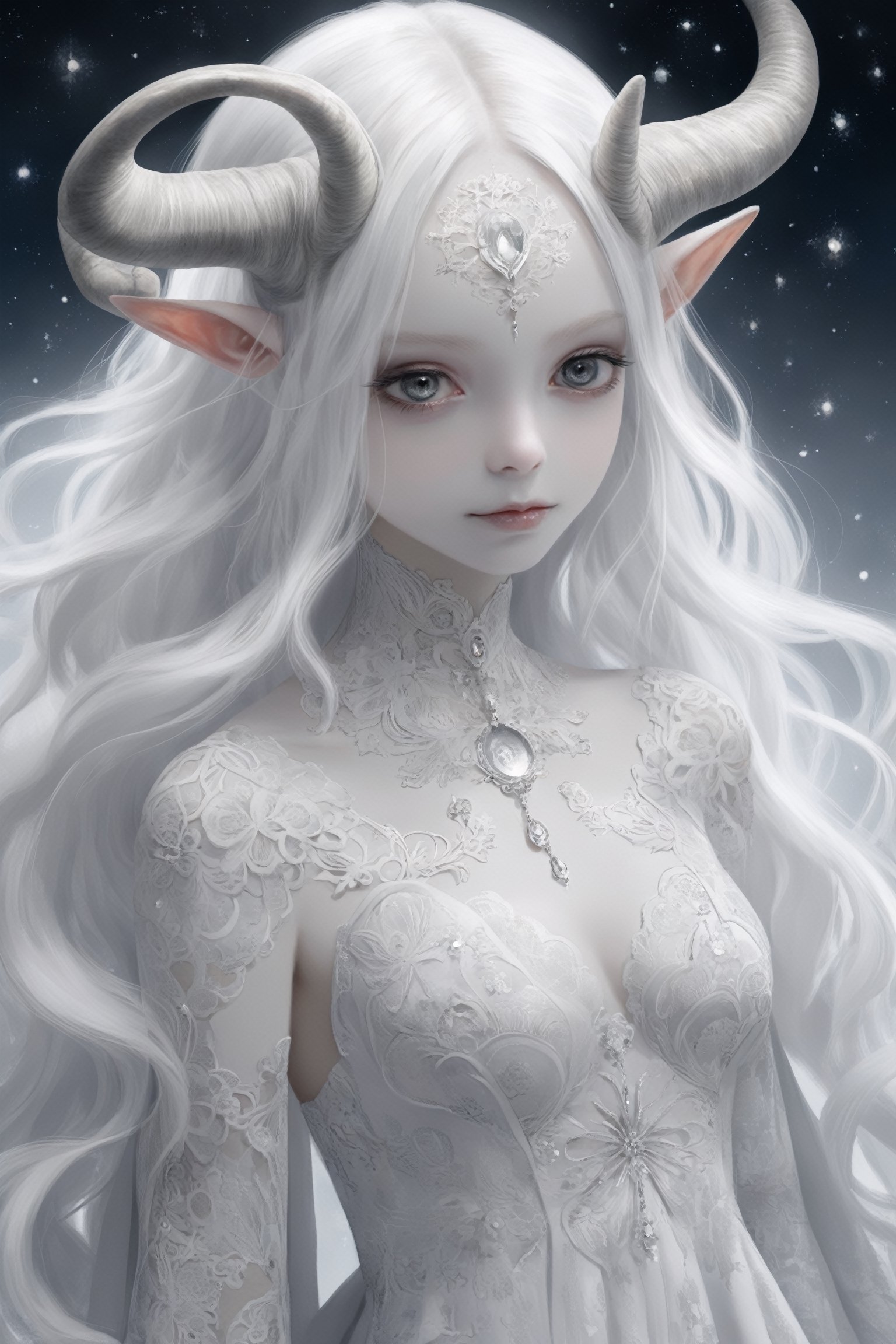 ,(long intricate horns:1.2) ,albino demon girl, with enchantingly beautiful, alabaster skin,
A benevolent smile,girl has Beautiful deep black eyes,soft expression,Depth and Dimension in the Pupils,
Her porcelain-like white skin reflects an almost celestial glow, highlighting her ethereal nature,Every detail of her divine lace costume is meticulously crafted, 
Capture the subtle intricacies of the lacework, emphasizing the delicate patterns that complement her unearthly features. From the curve of her horns to the flowing elegance of her dress, 
,goth person,epicDiP,DonMM1y4XL