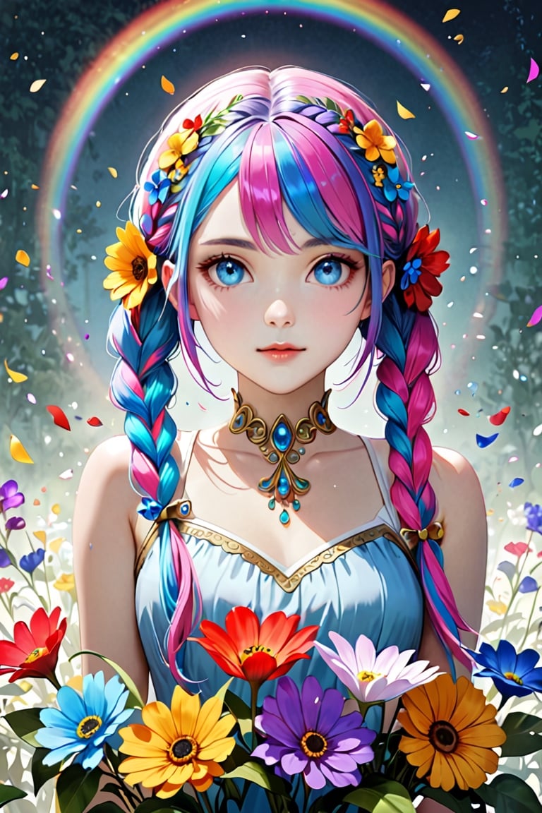 Ultra realistic,1 girl,beautiful blue eyes,superbly crafted braided hairstyles,amazingly intricate braid hair,7 colorful hair colors,((Beautiful colorful pigtails braided with flowers)),long pigtails,
each meticulously created braid decorated with delicate accessories and beads,aesthetic,Rainbow haired girl ,Realistic Blue Eyes,Flower queen,dal-1,colorful,NYFlowerGirl