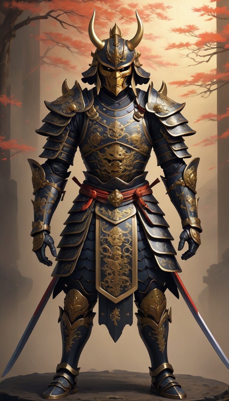 black Armor samurai, stands clad in intricately crafted traditional armor,golden accents,demon mask, meticulously designed with expressive features,horn helmet, elaborate gold,traditional japanese art,ani_booster,armour wars 