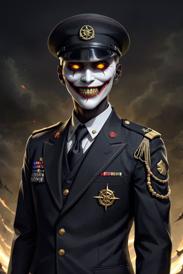 Fearsome and formidable enemy, unusually slender man,grim face,queer smile, a vampire man, crazy face, 35Yo,((eerily glowing golden eyes)), a deeply worn military cap, and dressed in the formal attire of the old Japanese army, he exudes an aura of authority,((black shroud)),His military uniform features a tailored jacket decorated with intricate details and traditional symbols, white gloves marked with a pentagram,pentagram,zavy-cbrpnk,Hiro Crazy Dimension