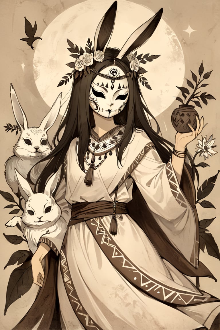 fairy tale illustrations,Simple minimum art, 
myths of another world,
pagan style graffiti art, aesthetic, sepia, ancient Russia,
A female shaman,(wearing a rabbit-faced mask),