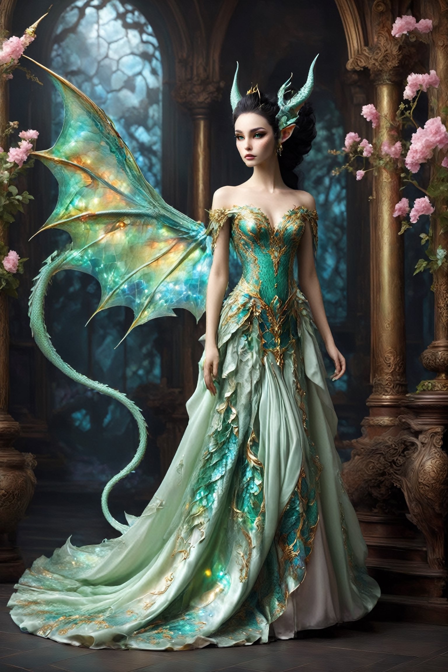alabaster skin, mystical being, born of the union between a dragon and an elf girl,elf ears,Dragon inspired dress,extraordinary creature exhibits both draconic and elven features, blending the elegance of the elves with the majestic presence of dragons. Its scales might shimmer with ethereal colors, and its pointed ears showcase the elven heritage. This hybrid being represents the harmonious fusion of two fantastical worlds, embodying a unique and captivating presence.,DonM3lv3sXL,Disney pixar style